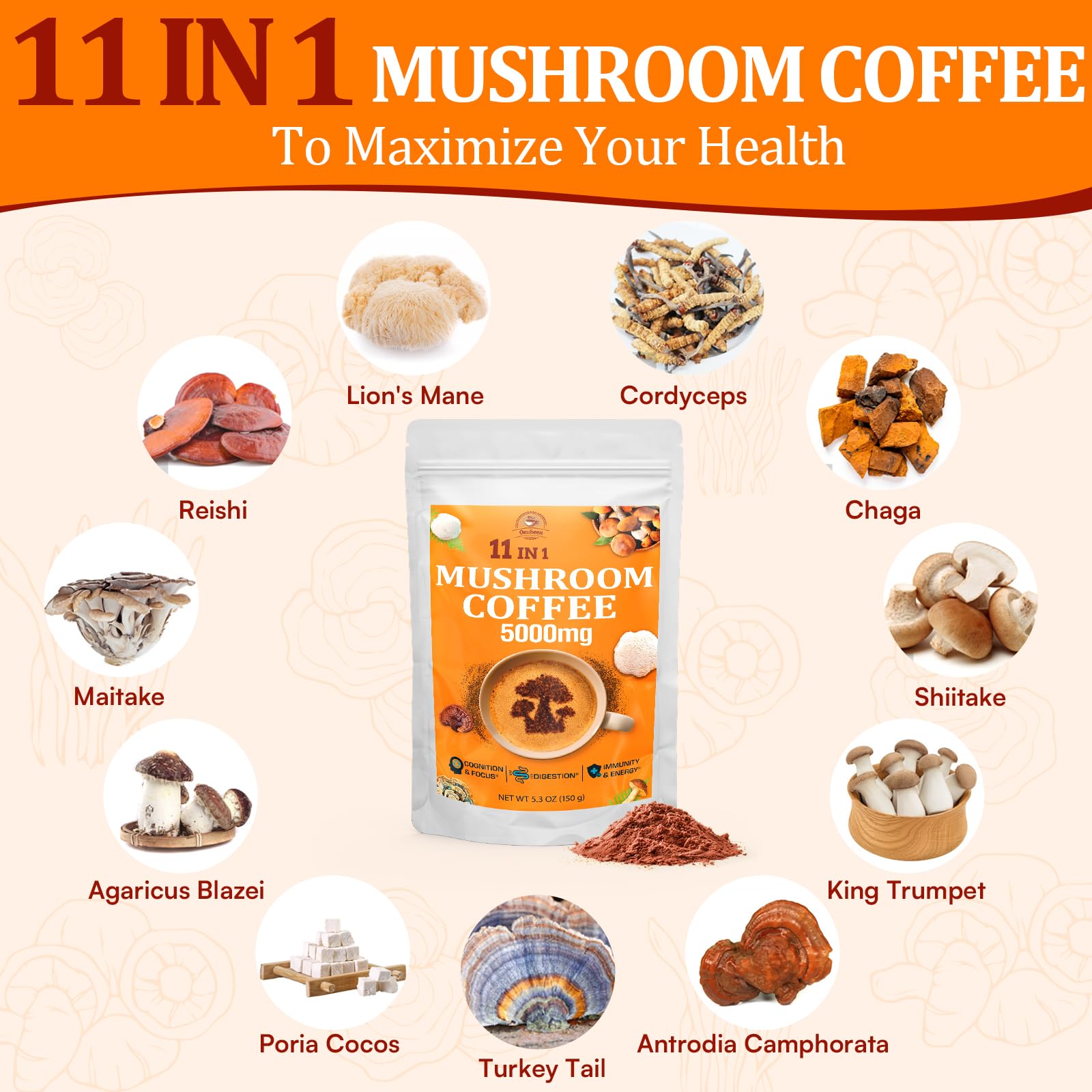 Tasse chaude de café champignons Gomhoreye, énergie durable sans pic.