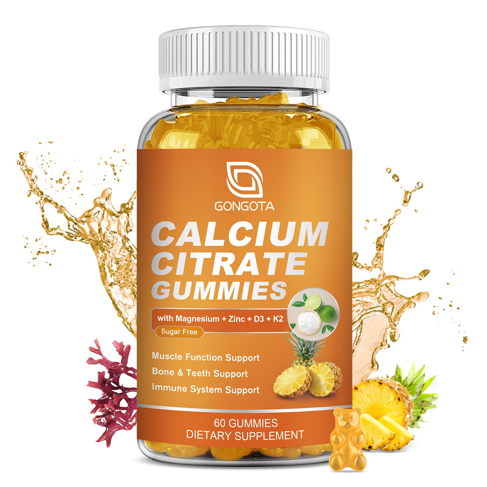 GONGOTA Calcium Citrate Gummies – Bouteille 60 gommes à l’ananas, soutien osseux quotidien
