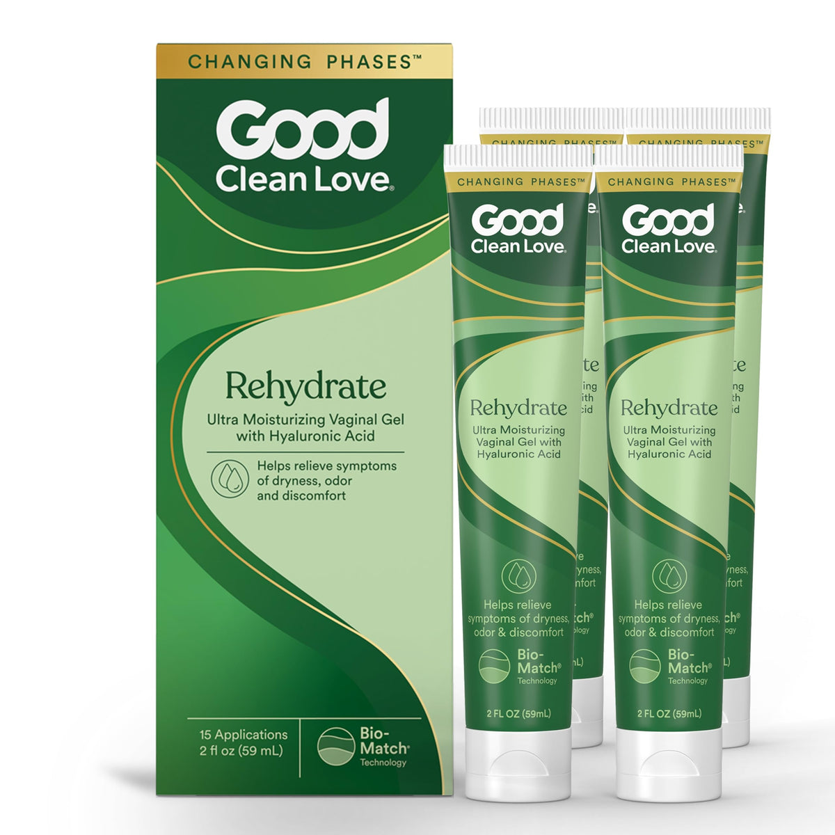 Gel Good Clean Love Rehydrate dans sa bouteille et applicateur pour hydratation ciblée.