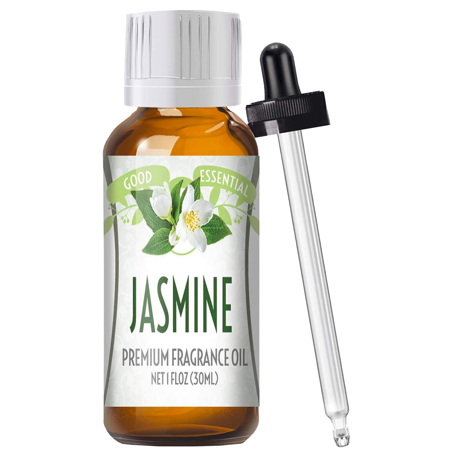 Huile parfum jasmin Good Essential en bouteille ambrée, idéale pour diffusion et cosmétiques.