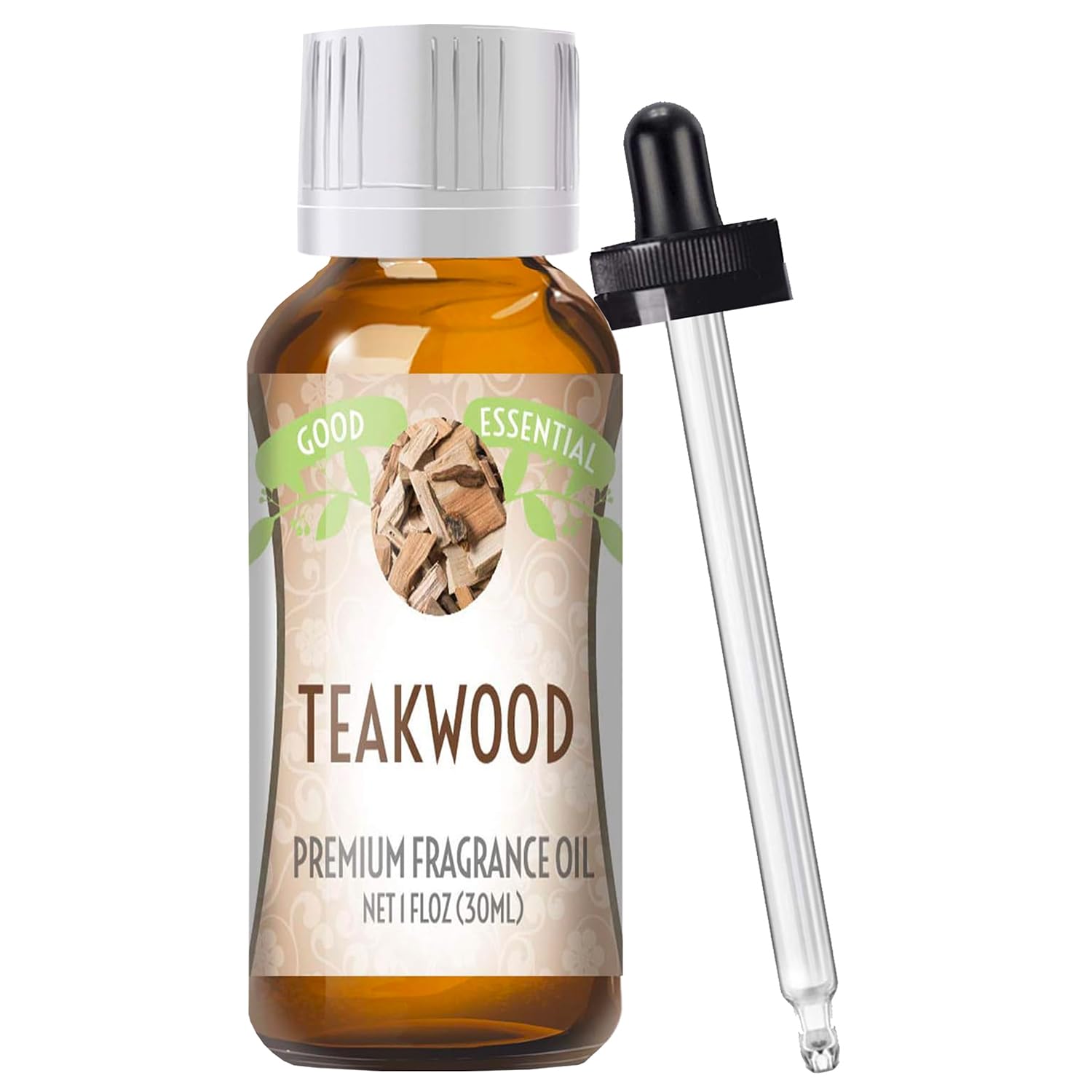 Huile Good Essential Bois de Teck, bouteille ambrée prête à l'emploi et diffusion aromatique.