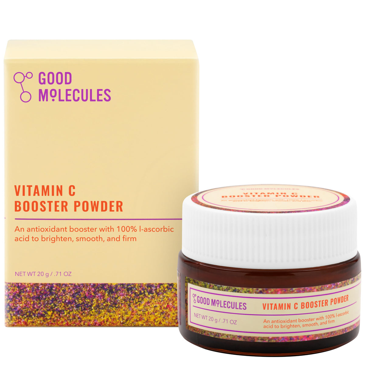 Good Molecules booster vitamine C en poudre, emballage pratique pour une intégration facile.