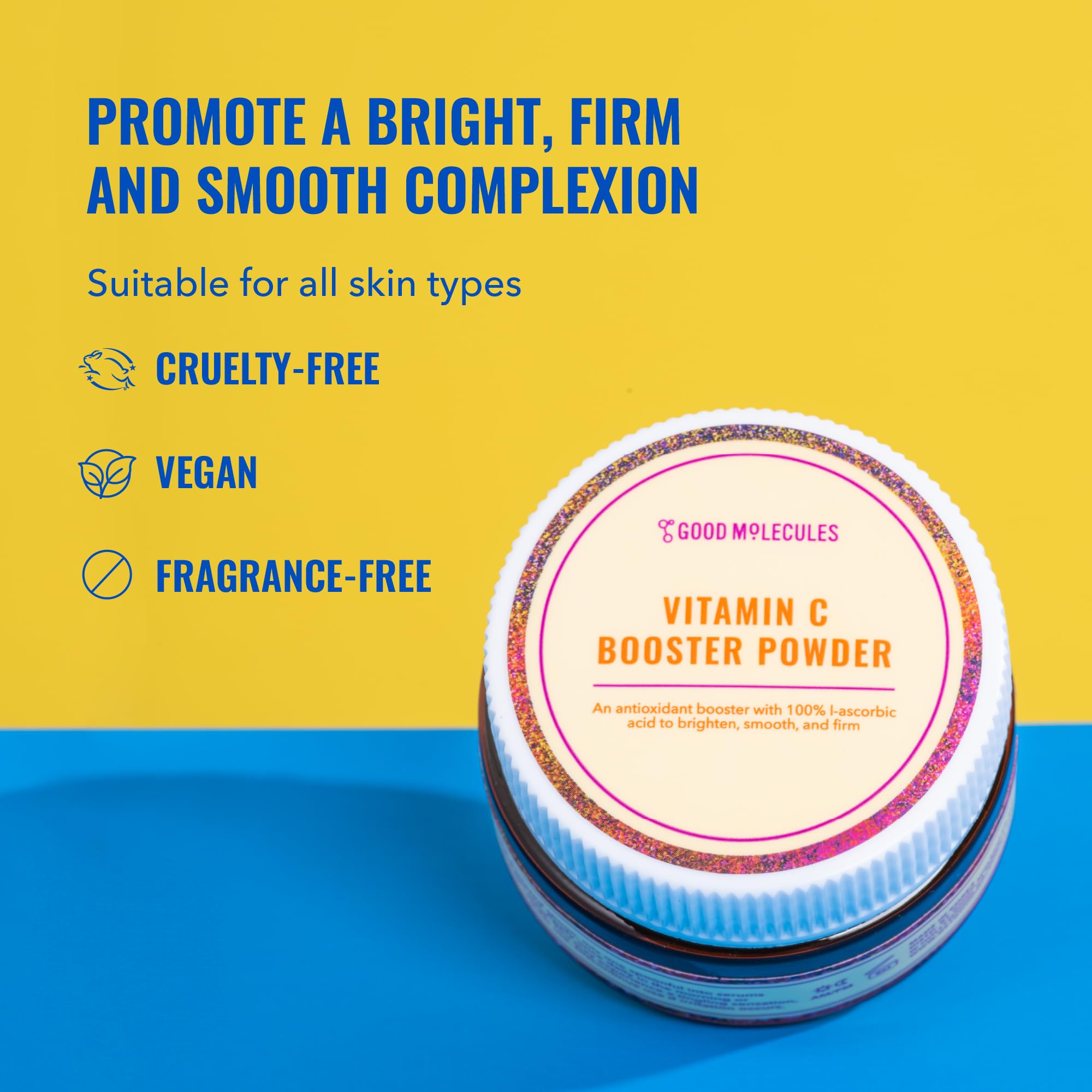 Poudre vitamine C à texture fine prête à mélanger sans grumeaux.