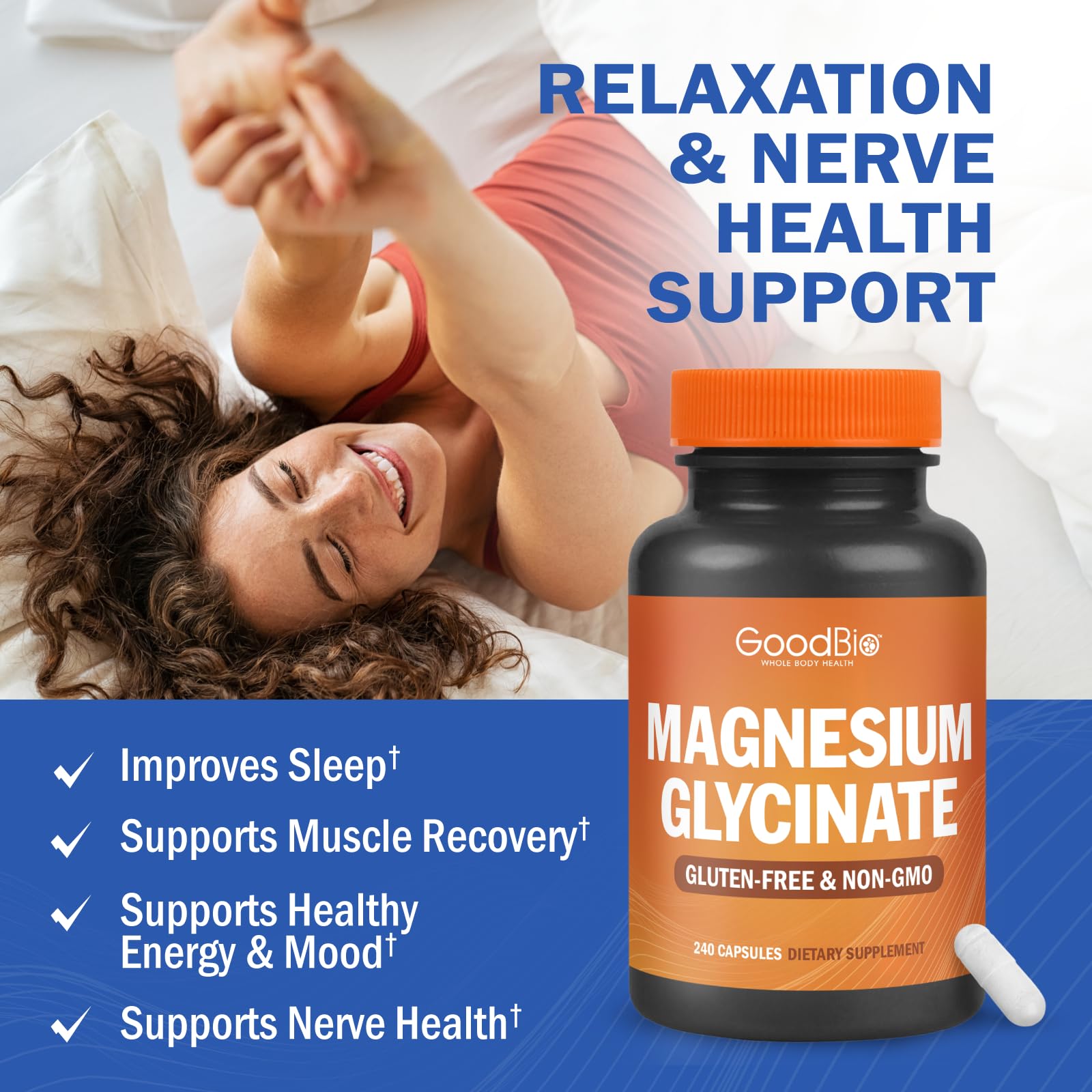 GOODBIO Magnesium Glycinate, gélules bien tolérées, soutien potentiel du repos nocturne.