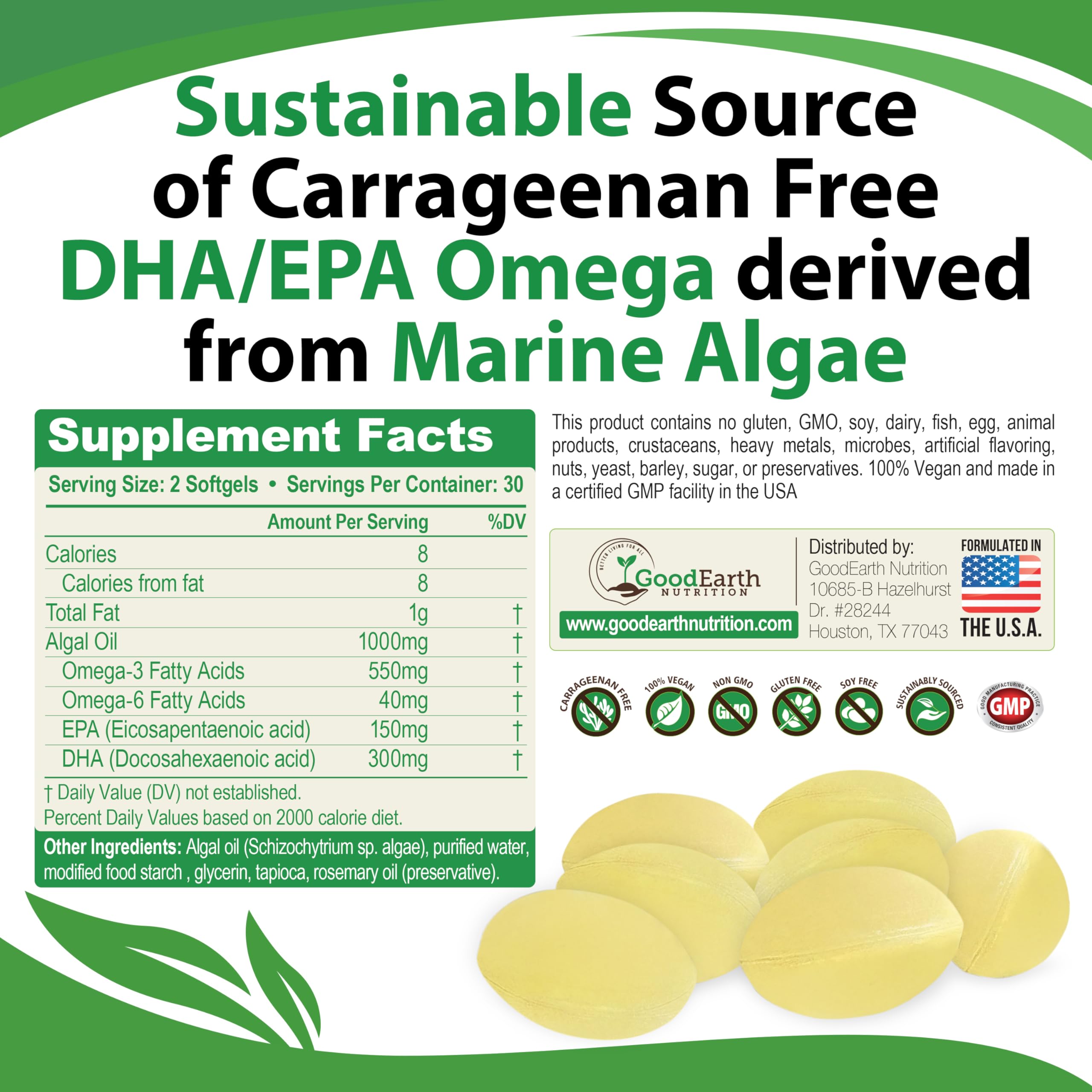 GoodEarth Nutrition Omega3 algue sans carraghénane, gélules faciles à avaler.