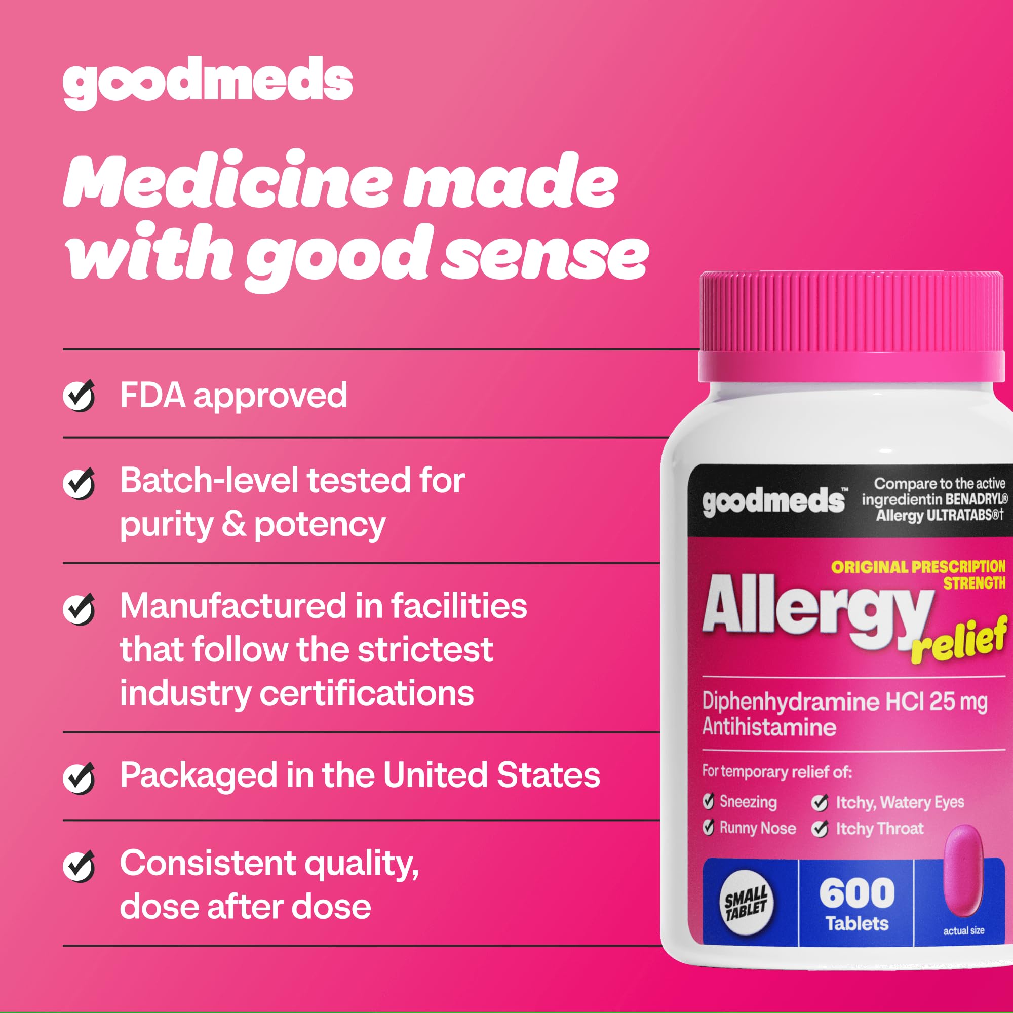 GoodMeds Diphenhydramine 25 mg : soulagement ciblé des éternuements et démangeaisons des yeux.