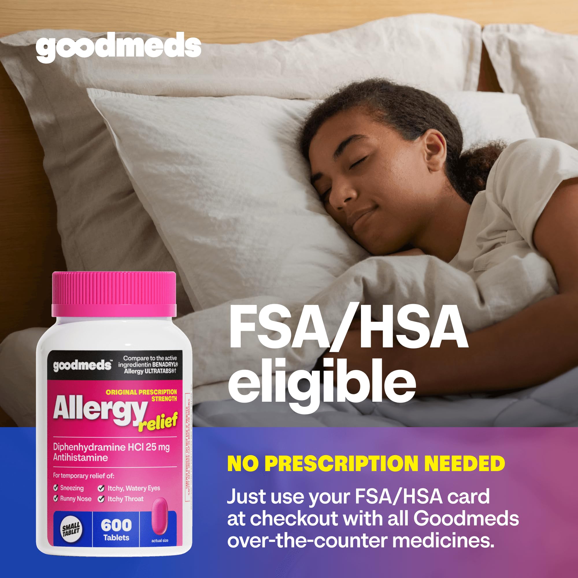 GoodMeds Diphenhydramine 25 mg : aide potentielle au sommeil après une journée d'allergies.