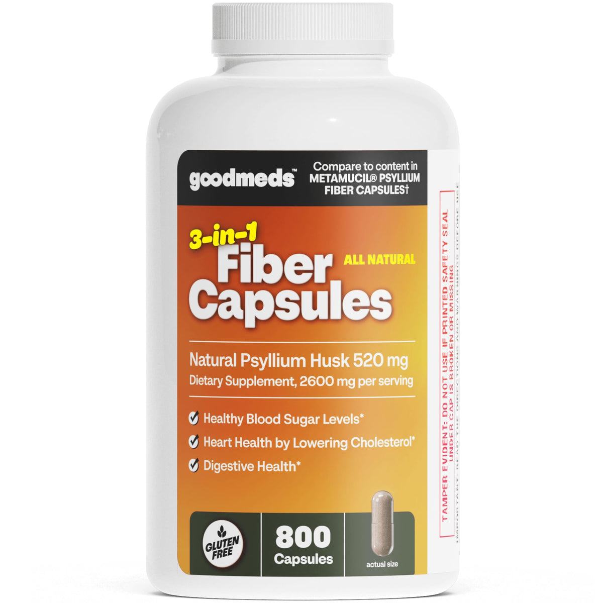 GoodMeds Psyllium en bouteille soutenant une digestion régulière grâce à des capsules faciles.