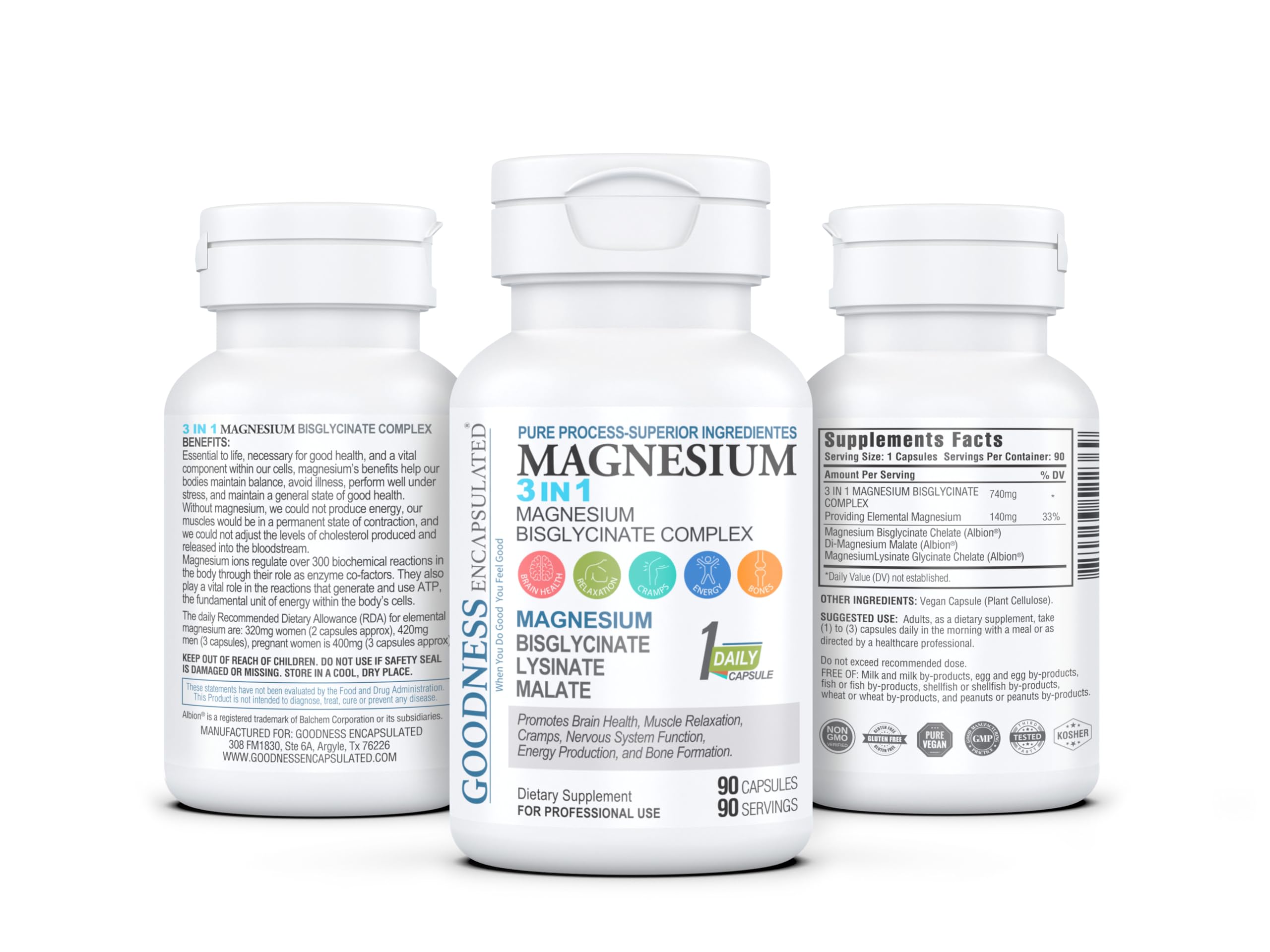 GOODNESS ENCAPSULATED Magnesium 3 en 1, conditionnement, emballage pratique et lisible.