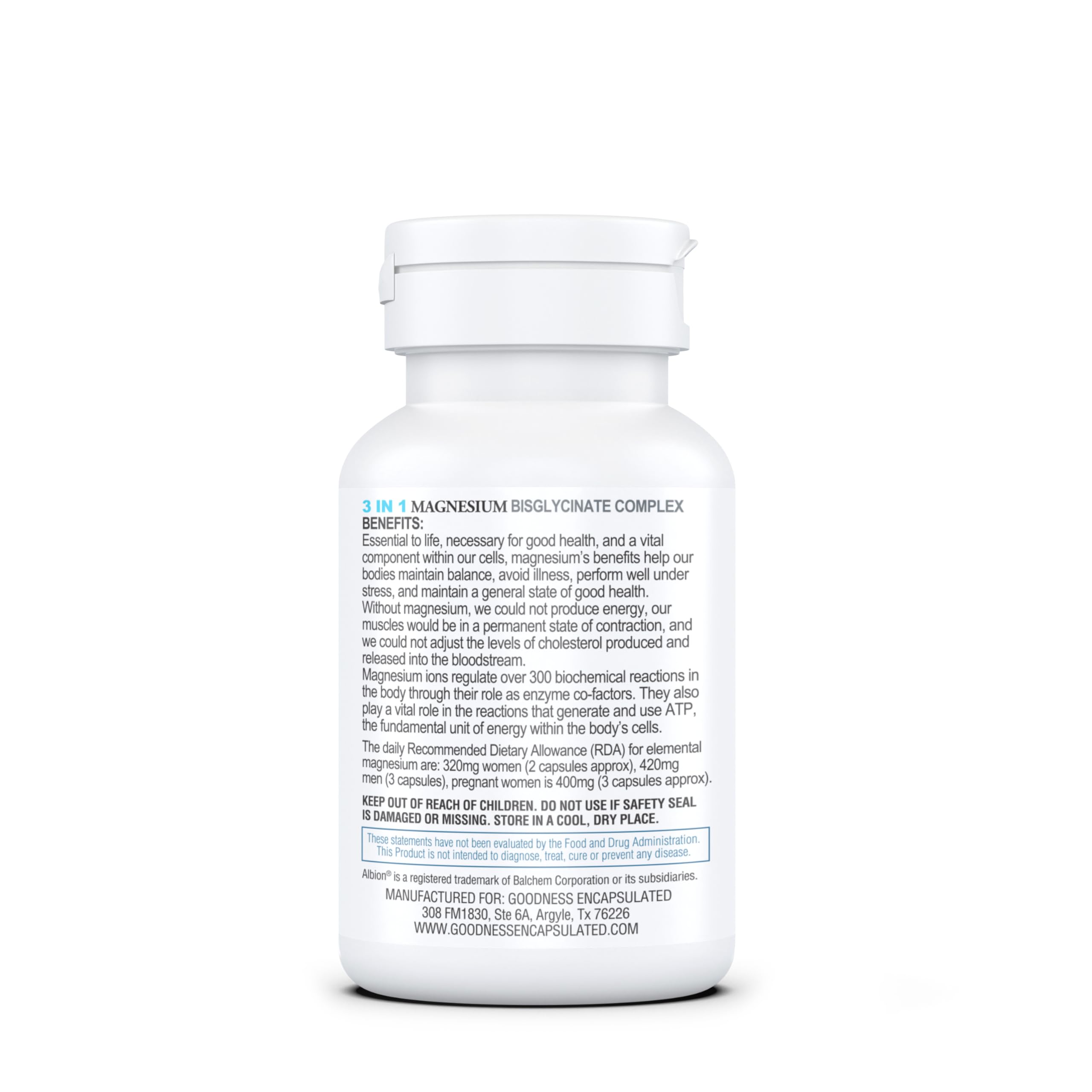 GOODNESS ENCAPSULATED Magnesium 3 en 1, etiquette, informations claires sur les bénéfices potentiels.