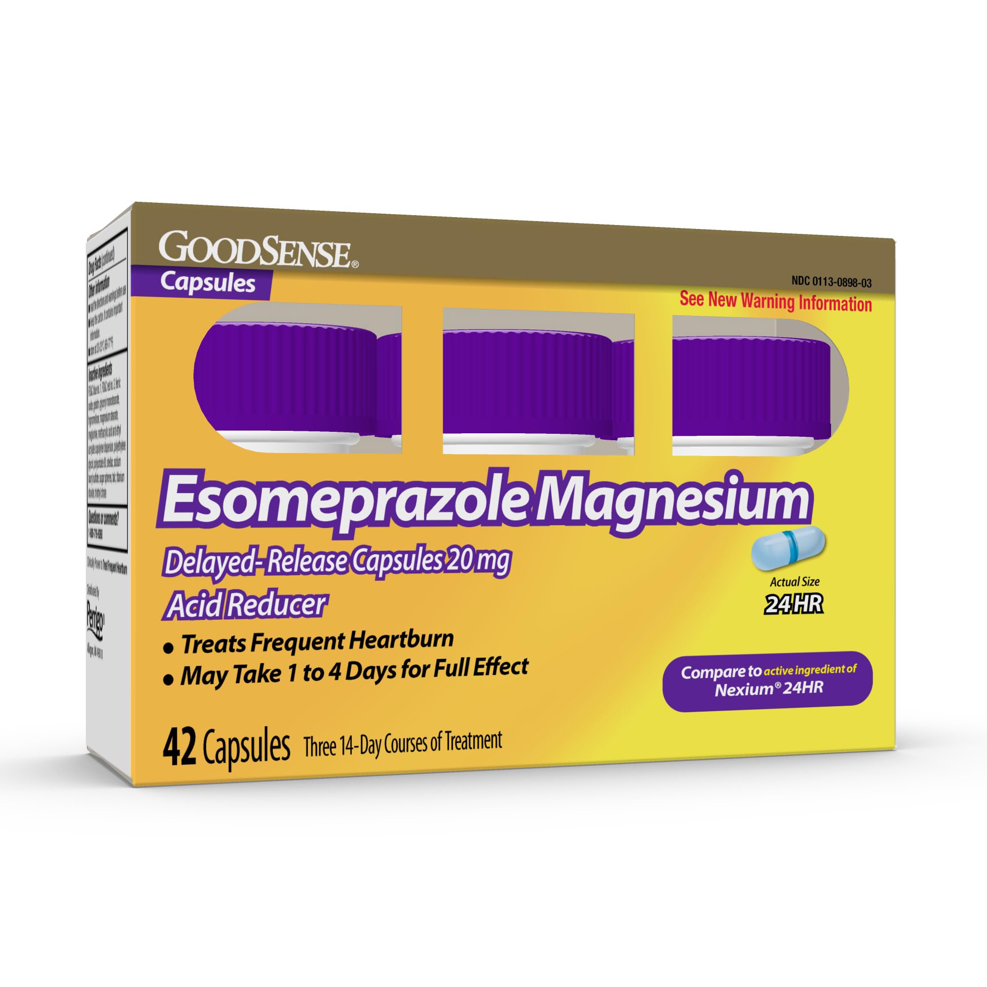 GoodSense Esoméprazole 20 mg capsules libération retardée visibles sur table