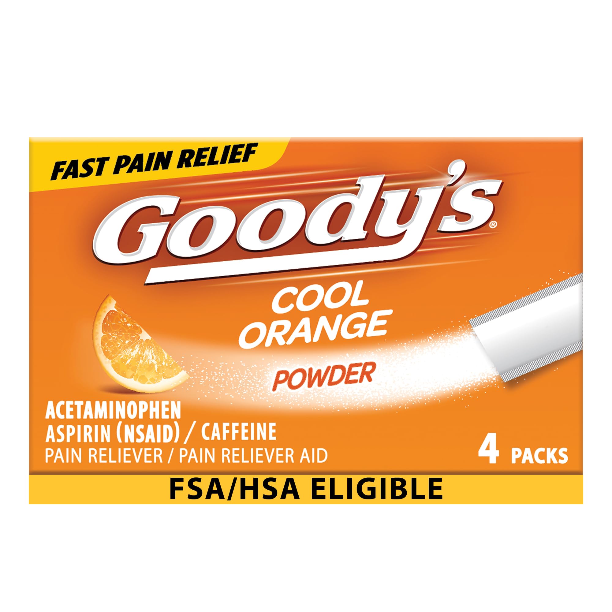 Goody's Poudre Orange Frais prête à dissoudre sur la langue pour un soulagement rapide.