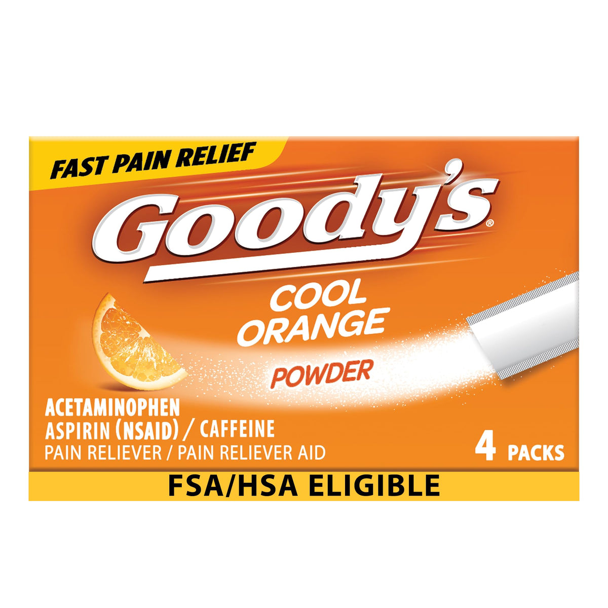 Goody's Poudre Orange Frais prête à dissoudre sur la langue pour un soulagement rapide.