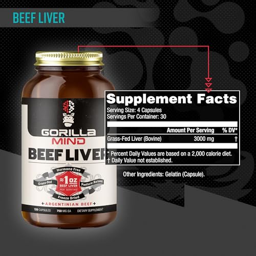 Gorilla Mind Bouteille de foie de boeuf argentin, capsules pratiques pour l'apport quotidien.
