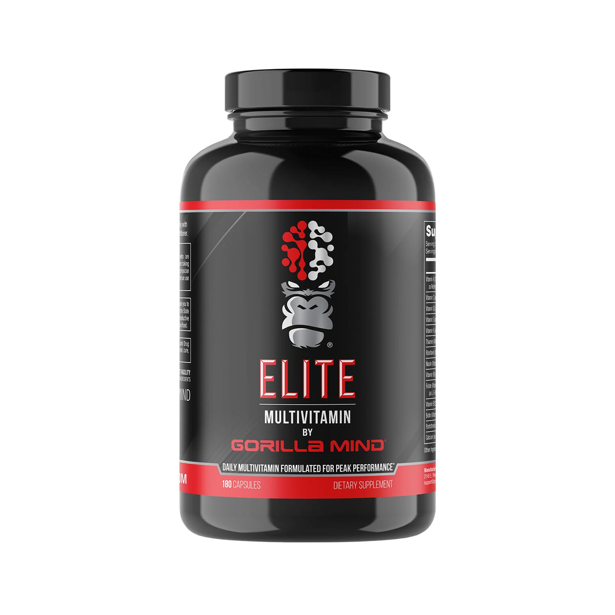 Gorilla Mind Elite Multivitamine - bouteille visible montrant le paquet pour un usage quotidien.
