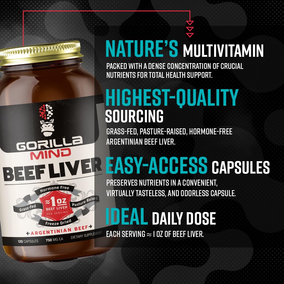 Gorilla Mind capsules foie boeuf argentin, lyophilisées pour préserver les nutriments.