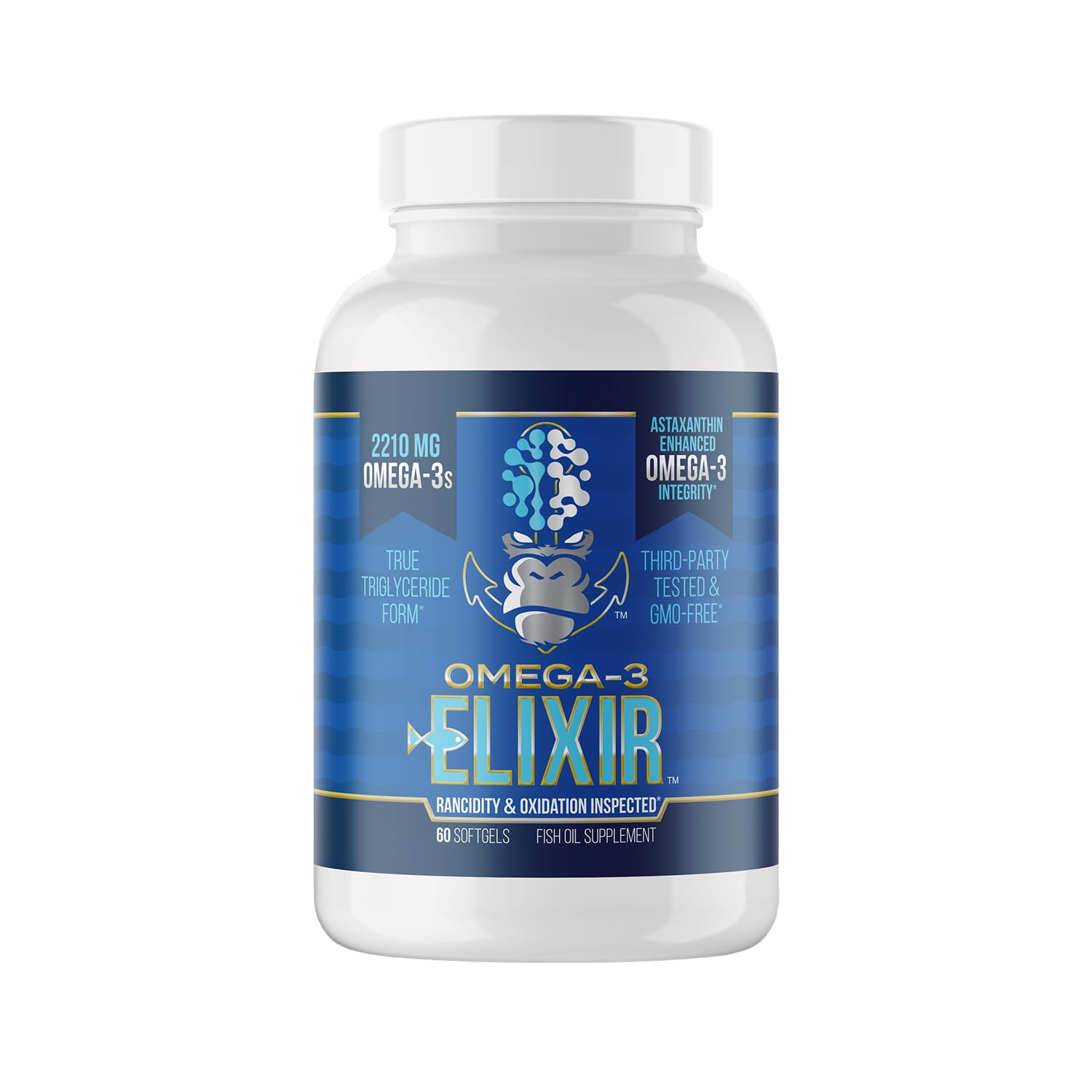 Gorilla Mind Omega-3 Elixir: bouteille visible, fraîcheur assurée pour une utilisation quotidienne.