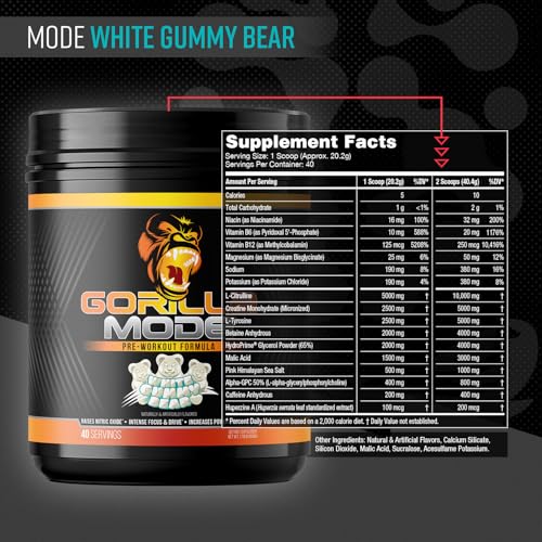 Poudre Gorilla Mind Pré‑Entraînement prête à être mélangée pour pompes et endurance.