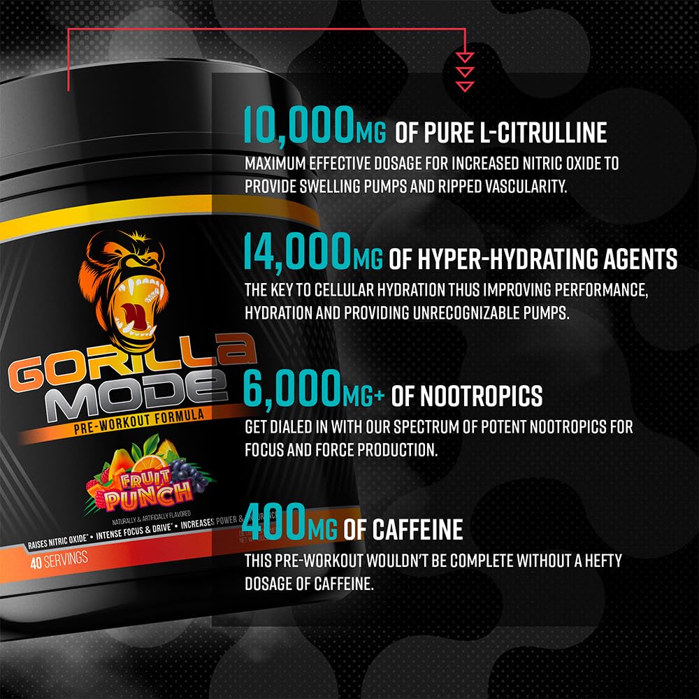 Gorilla Mind Pre-Workout, arôme-framboise-citron, dégustation agréable et énergie rapide.