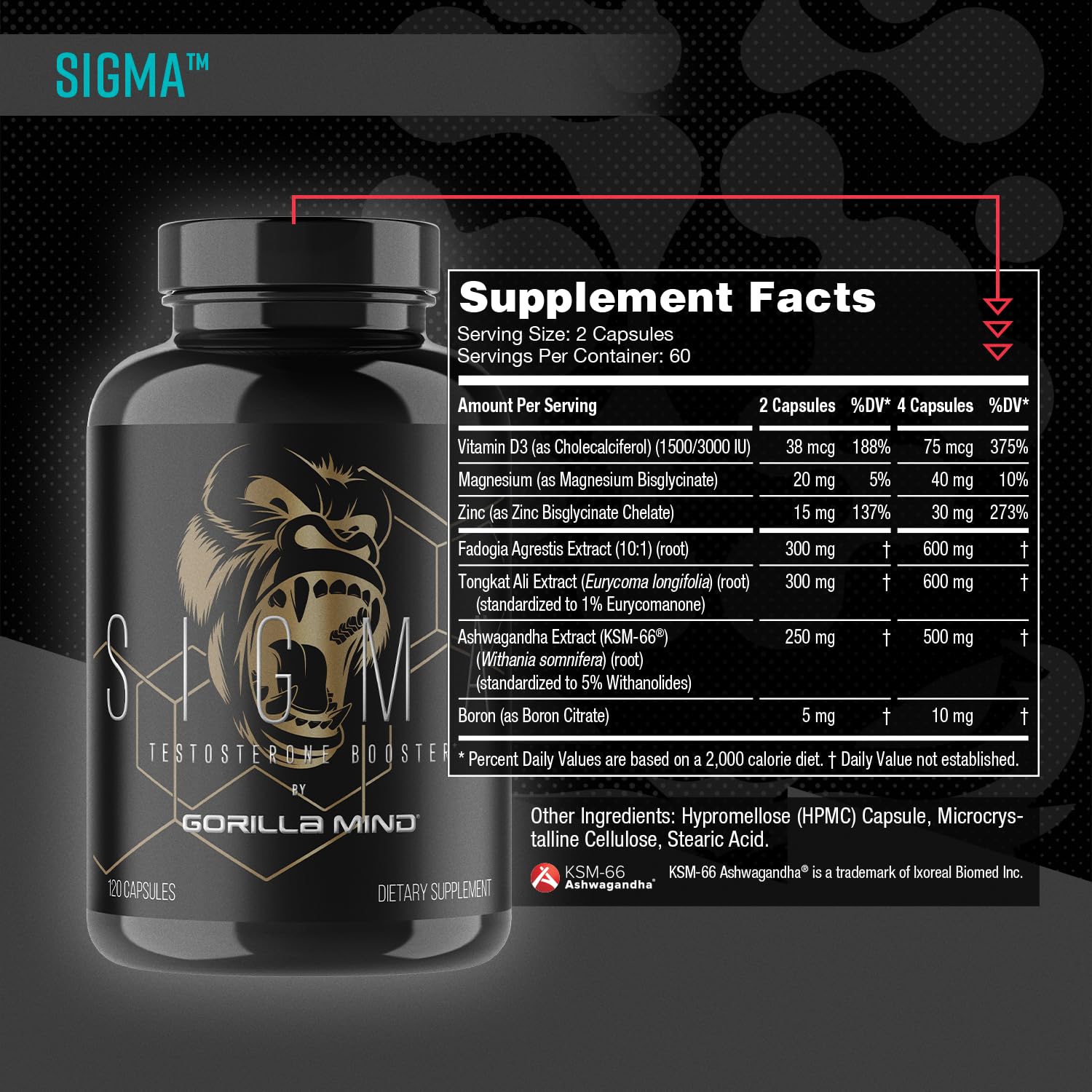 Gorilla Mind Sigma : ingrédients Tongkat Ali et extrait, possible stimulation d'énergie
