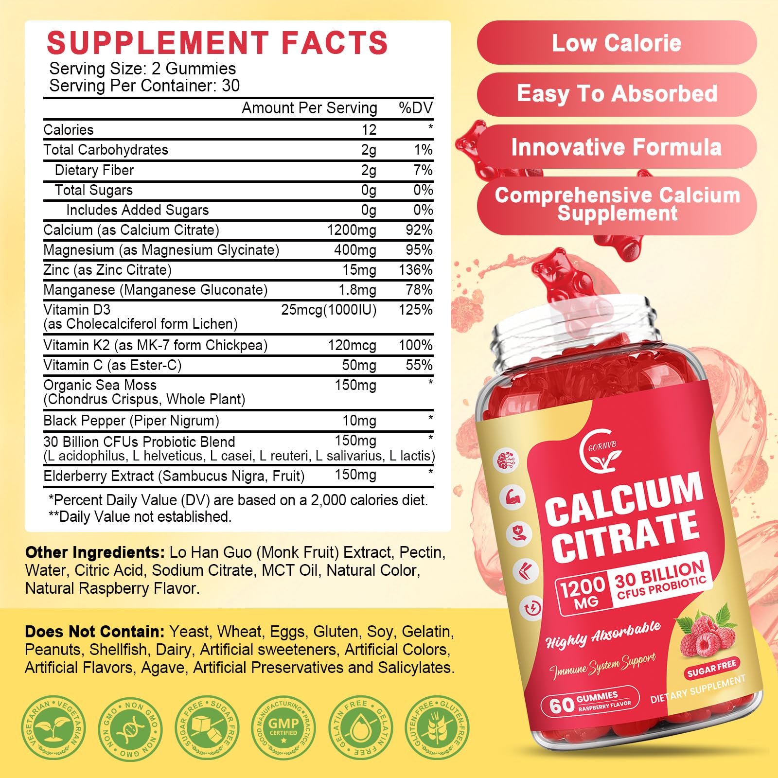 GORNVB Gommes Calcium Citrate texture moelleuse, facile à mâcher.