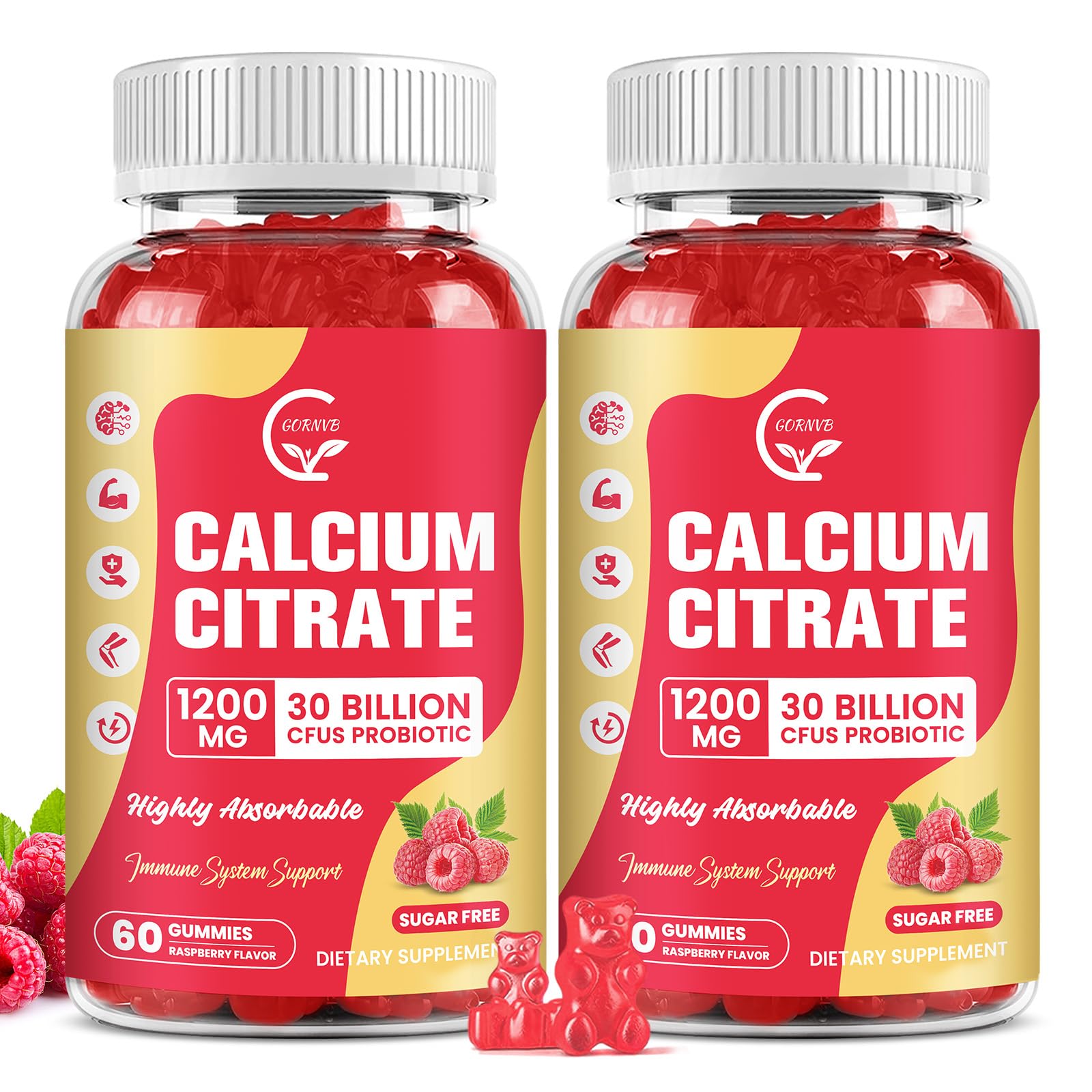 GORNVB gommes citrate calcium 1200 mg framboise, absorption améliorée et soutien quotidien.