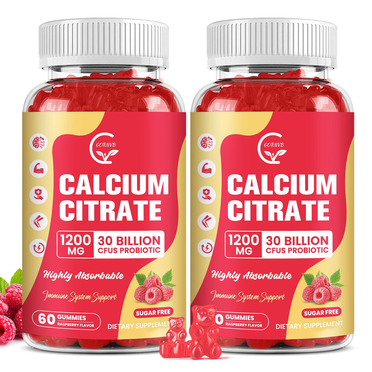 GORNVB gommes citrate calcium 1200 mg framboise, absorption améliorée et soutien quotidien.
