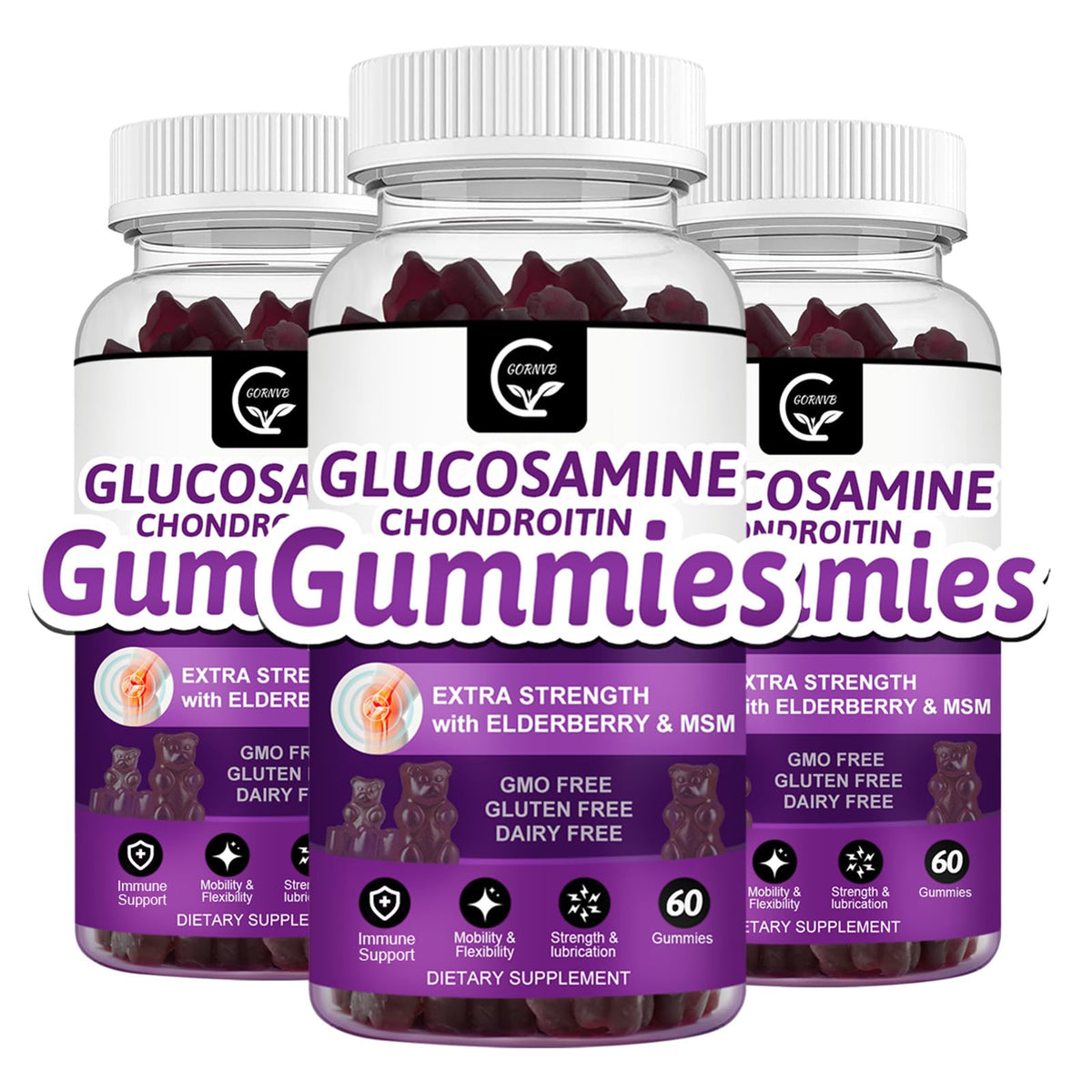 GORNVB gommes glucosamine-chondroïtine MSM sur emballage, soutien mobilité potentiel