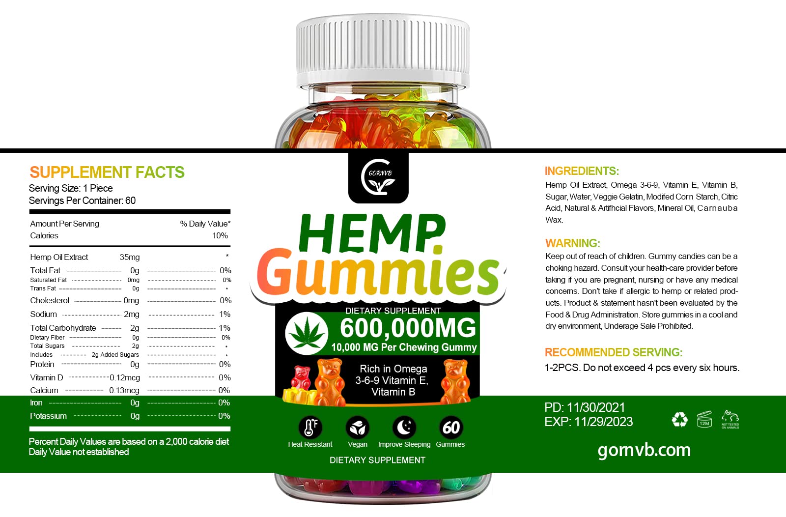 GORNVB Gummies chanvre haute puissance – symbole vegan et mode de consommation.