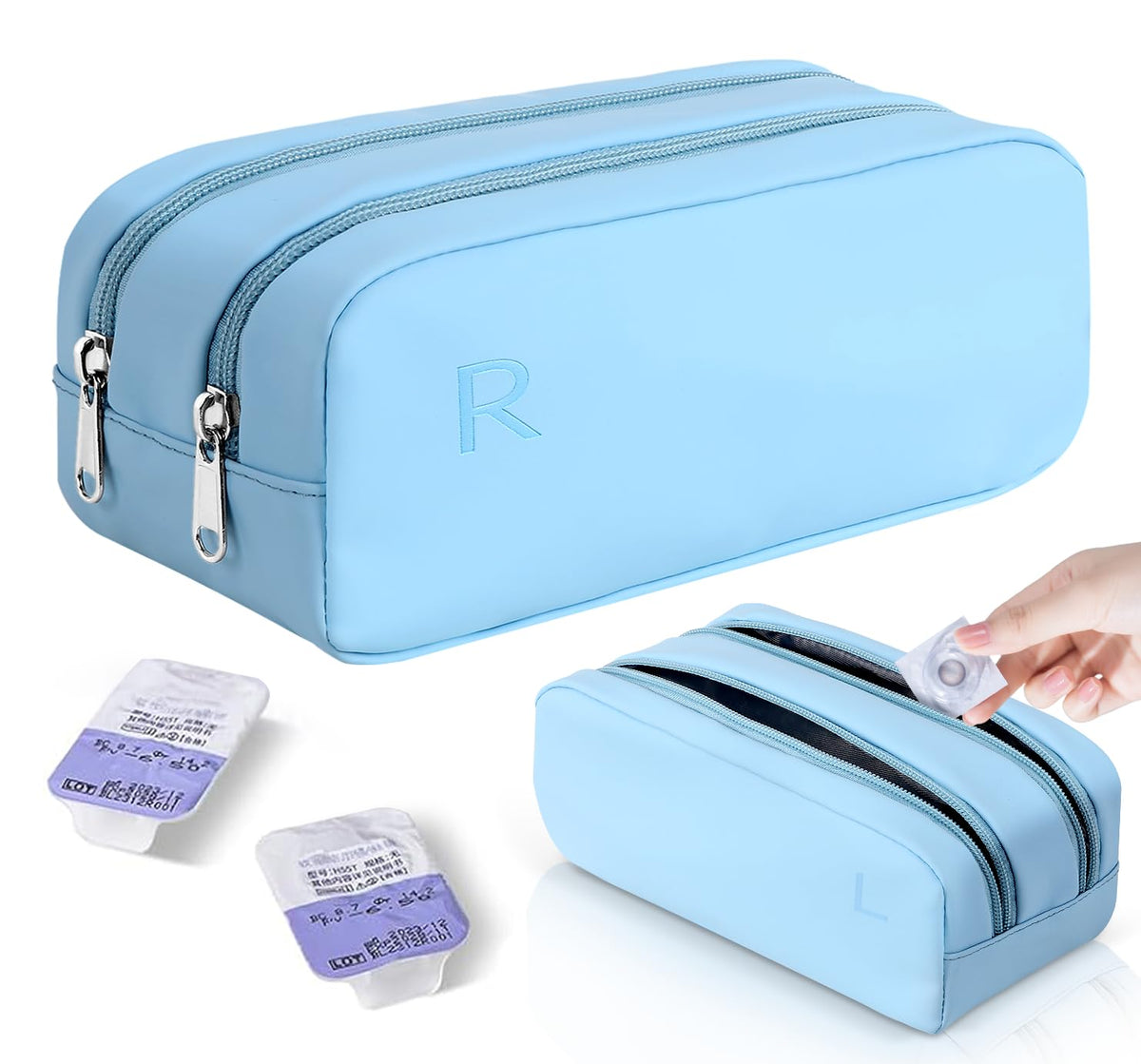 Gotorido étui lentilles portable bleu, repère clair R et L pour éviter les erreurs.