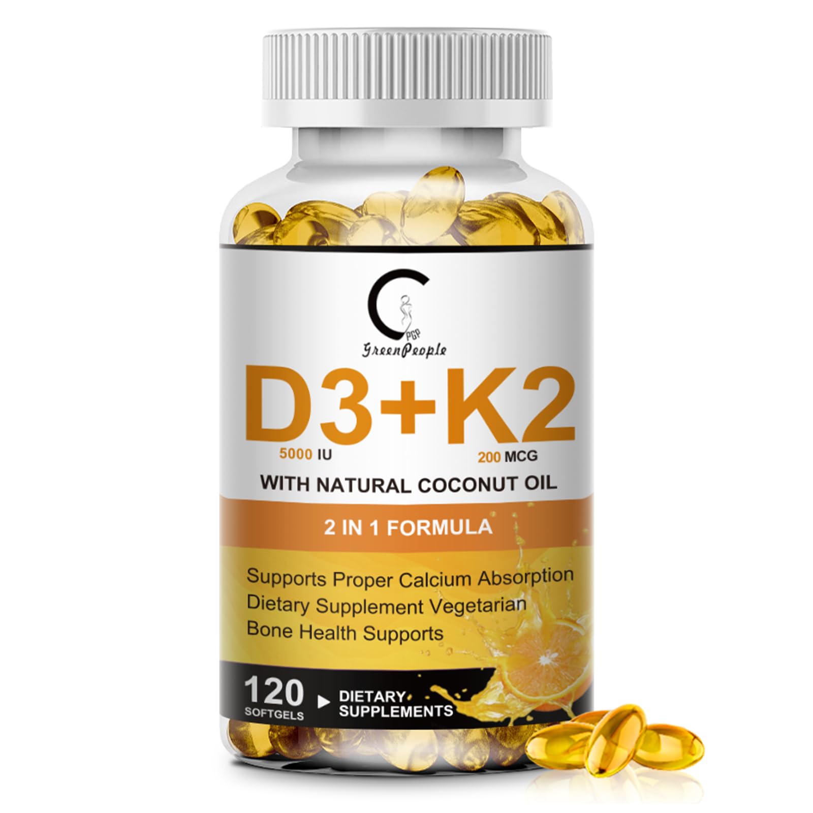 GPGP Vitamine D3 K2 — bouteille softgels, soutien potentiel des os et des dents