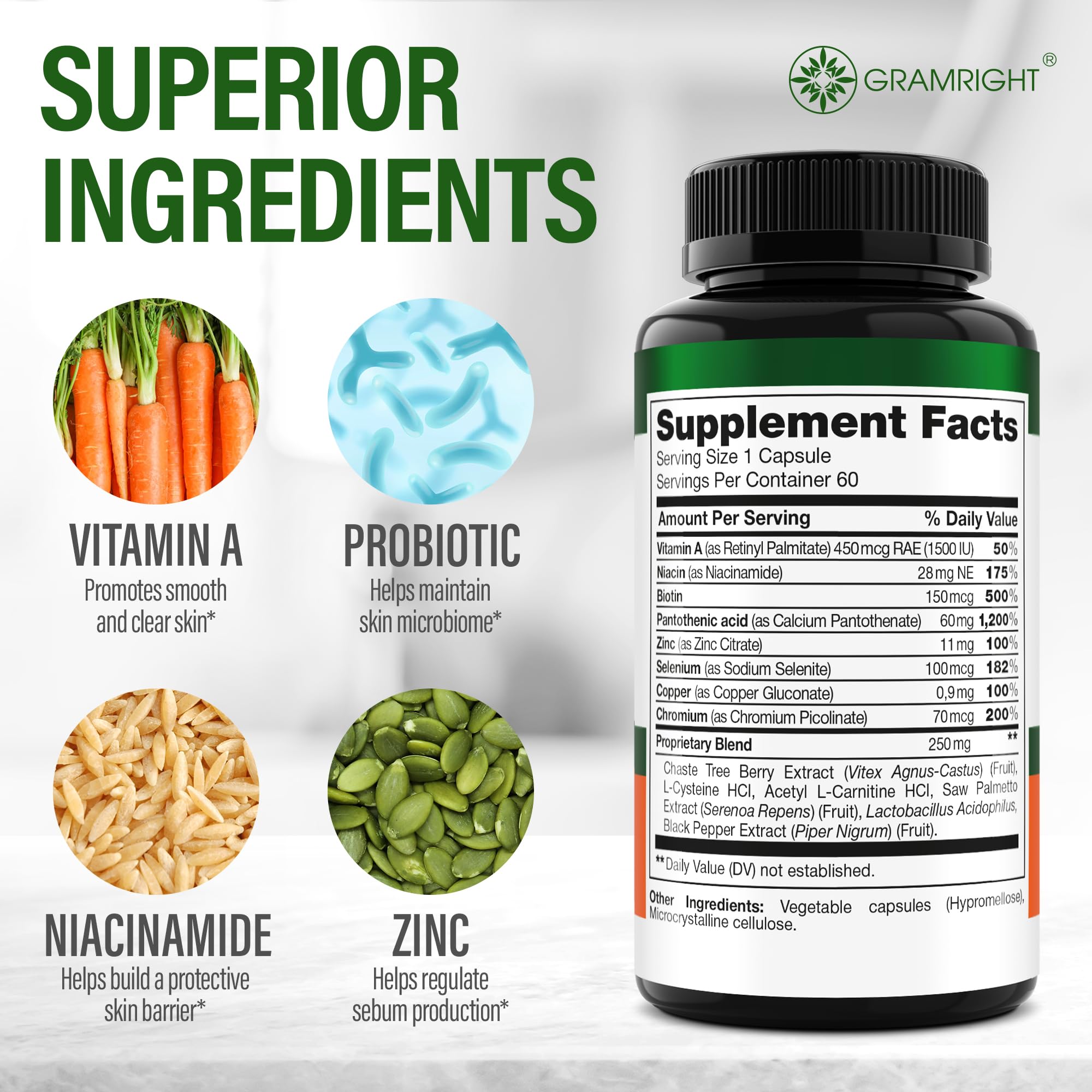 GRAMRIGHT Perfect Skin – emballage du lot avec ingrédients clés et vegan