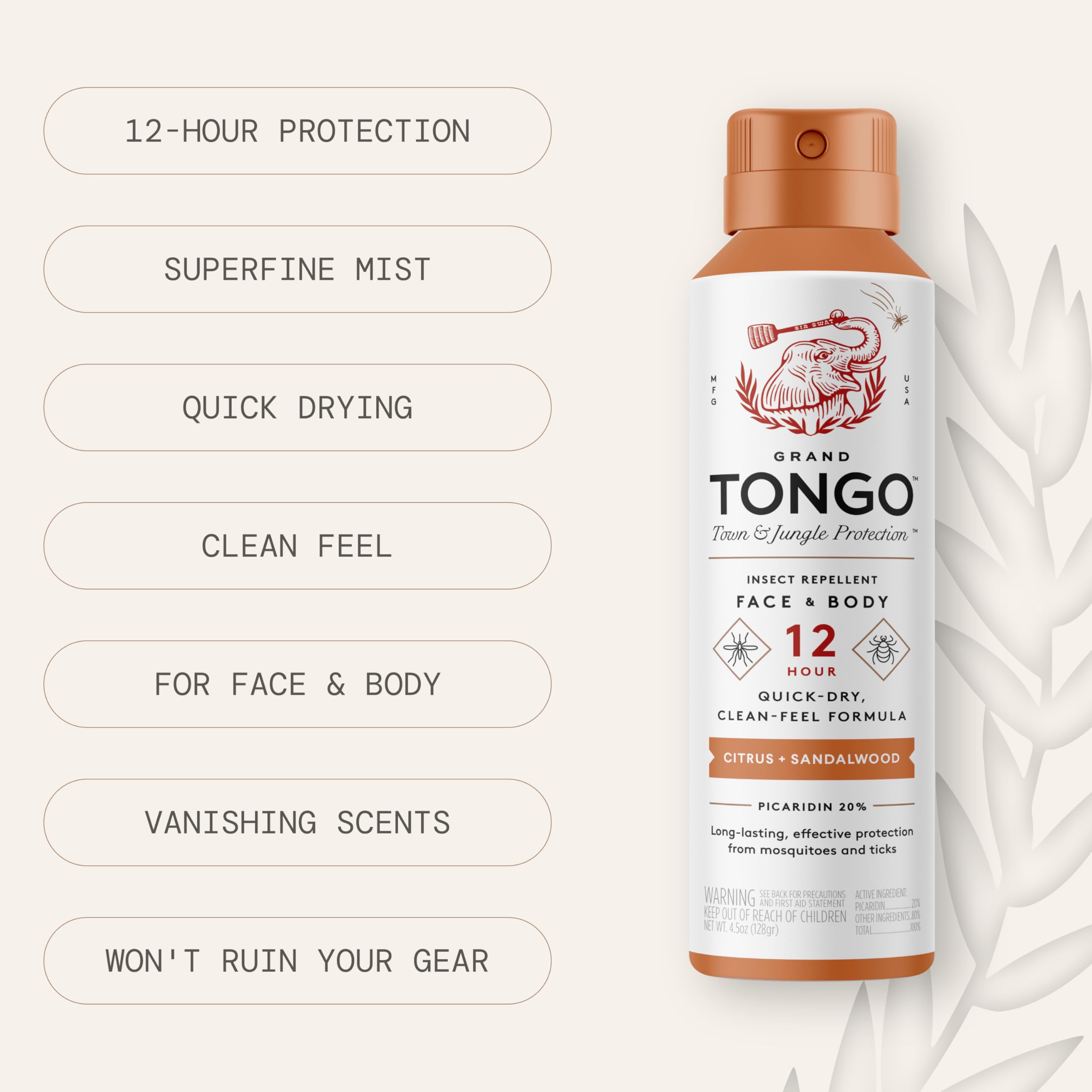 Répulsif Grand Tongo, séchage rapide et sans taches sur textiles.