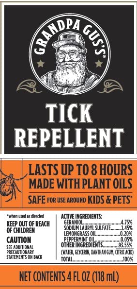 Grandpa Gus's, ingrédients naturels Geraniol, citronnelle et menthe pour éloigner les tiques.