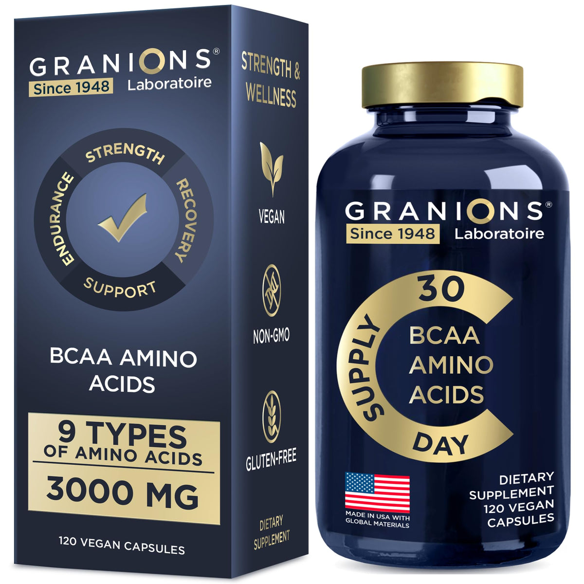 Granions acides aminés essentiels – bouteille: énergie soutenue et absorption rapide.