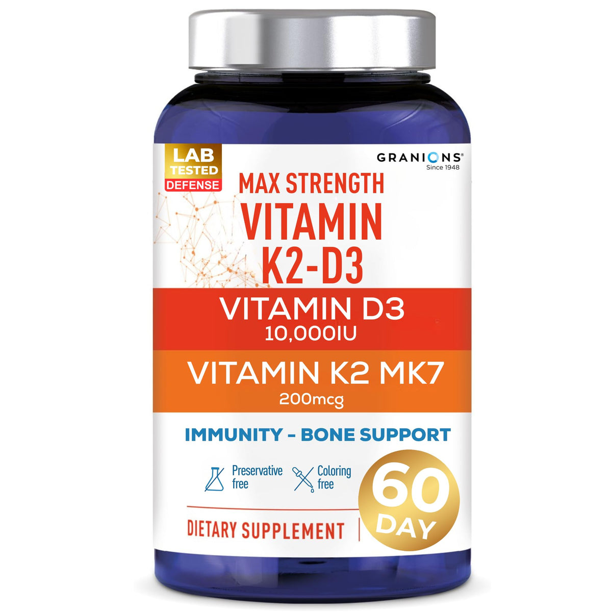 Granions Max Strength D3 K2 – bouteille visible, soutien potentiel des os et de l immunité