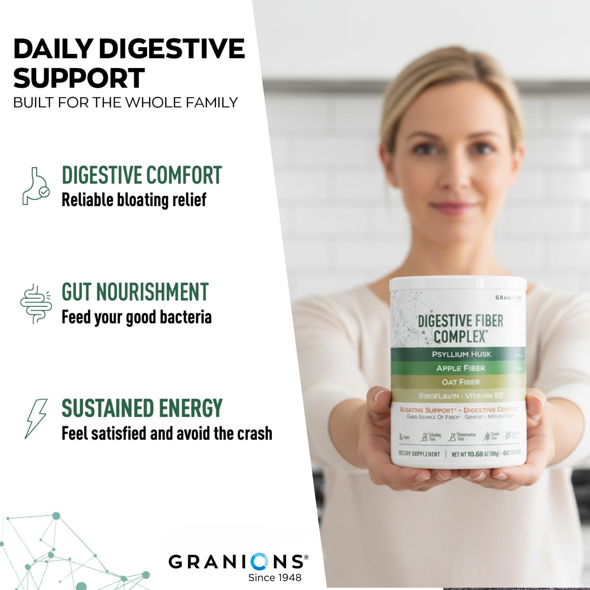 Verre avec Granions Psyllium Husk Poudre mélangé pour une boisson équilibrante.