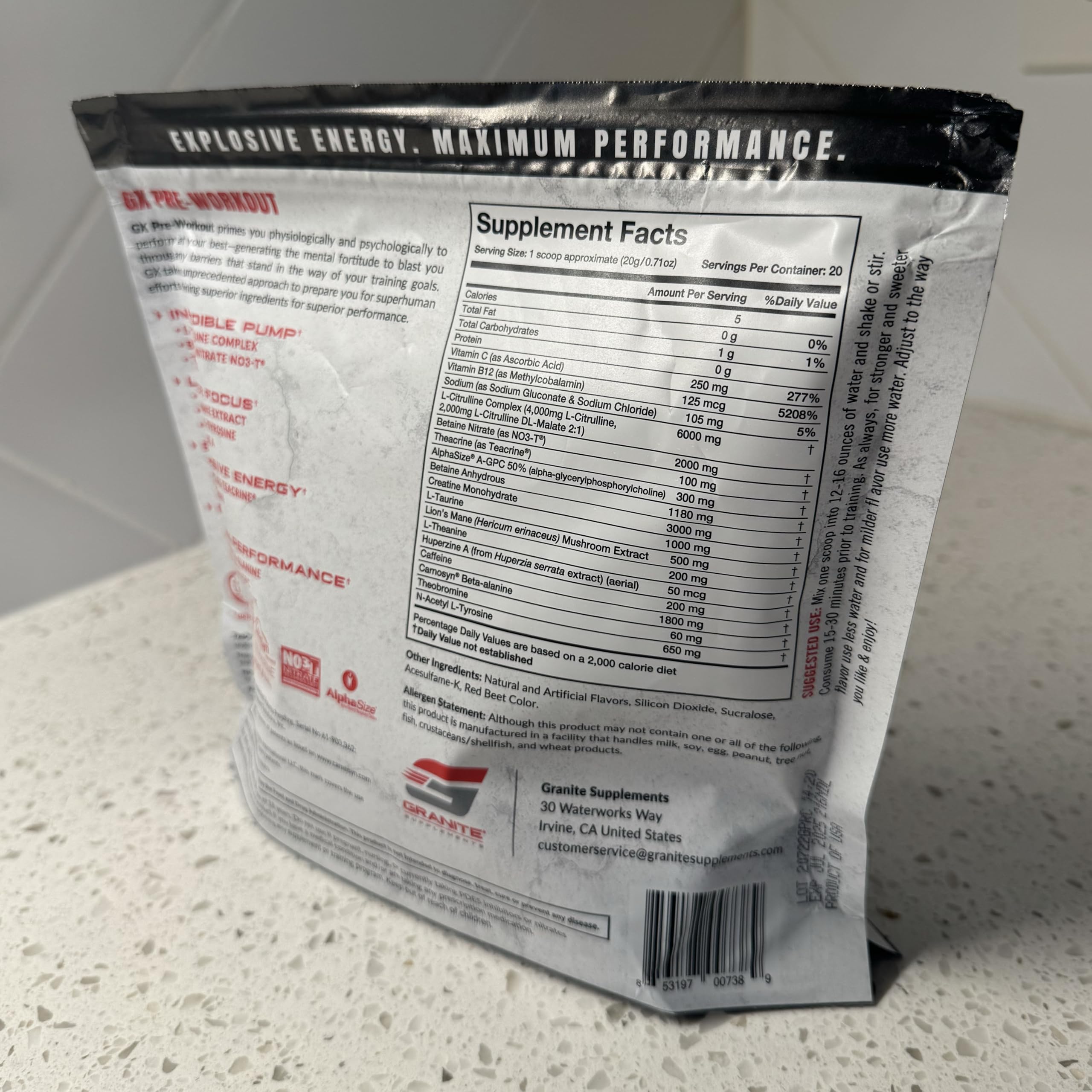 Étiquette Granite GX sur le paquet montrant les ingrédients clés