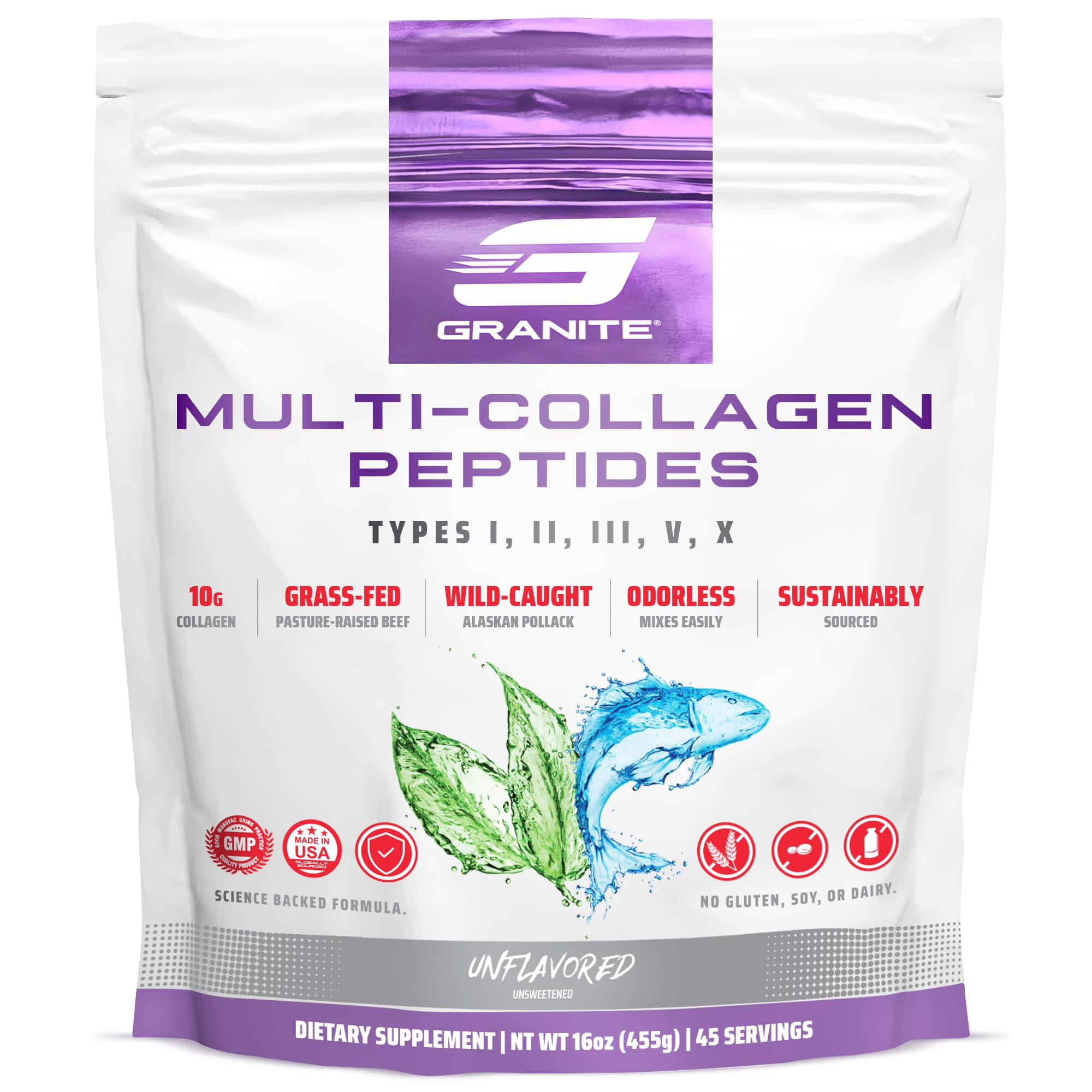 Poudre Granite Peptides de collagène en bouteille, privilégie cheveux et ongles sains.