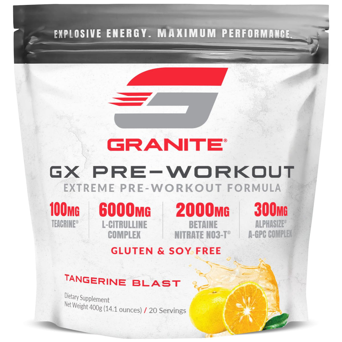 Granite GX Pré‑Workout: bouteille Tangerine Blast pour énergie et concentration prolongées
