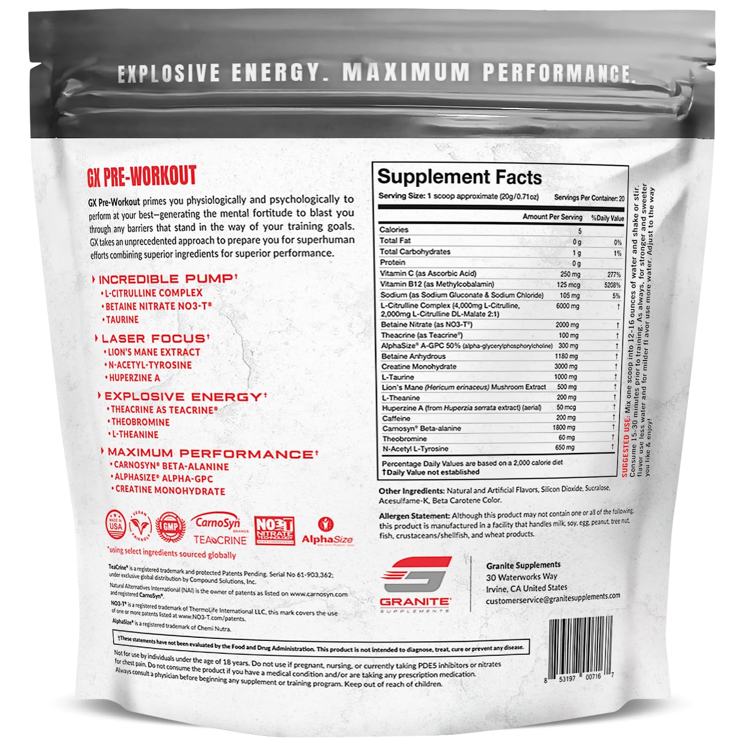 Granite GX Pré‑Workout: poudre Tangerine Blast prête à mélanger pour entraînement optimisé