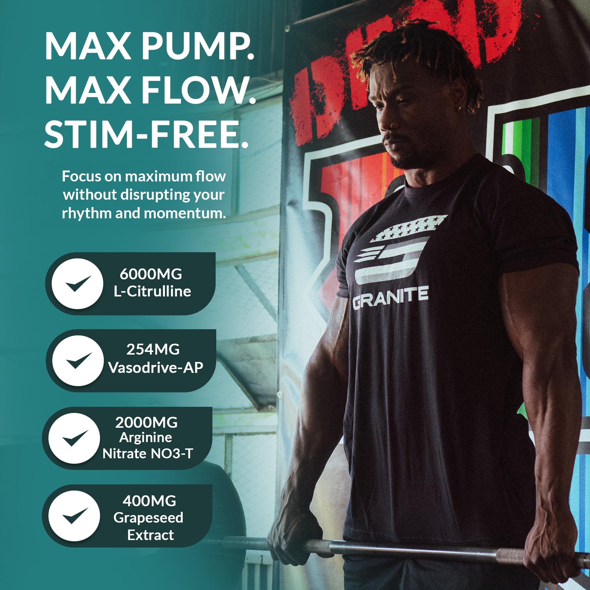 Arginine nitrite dans Granite Vaso Blast favorisant la perfusion musculaire.