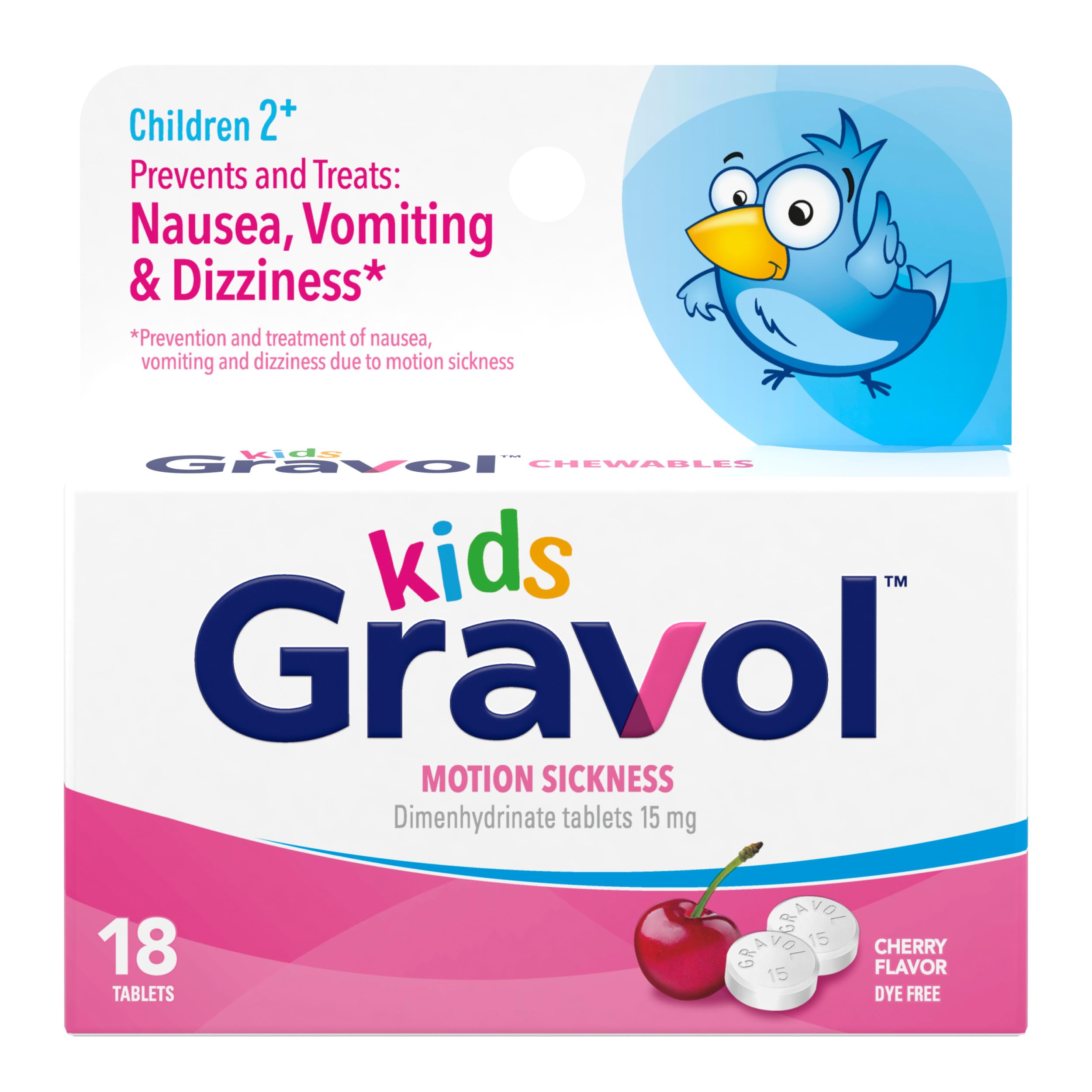 Gravol Kids — comprimés masticables saveur cerise, faciles à prendre pour les enfants.