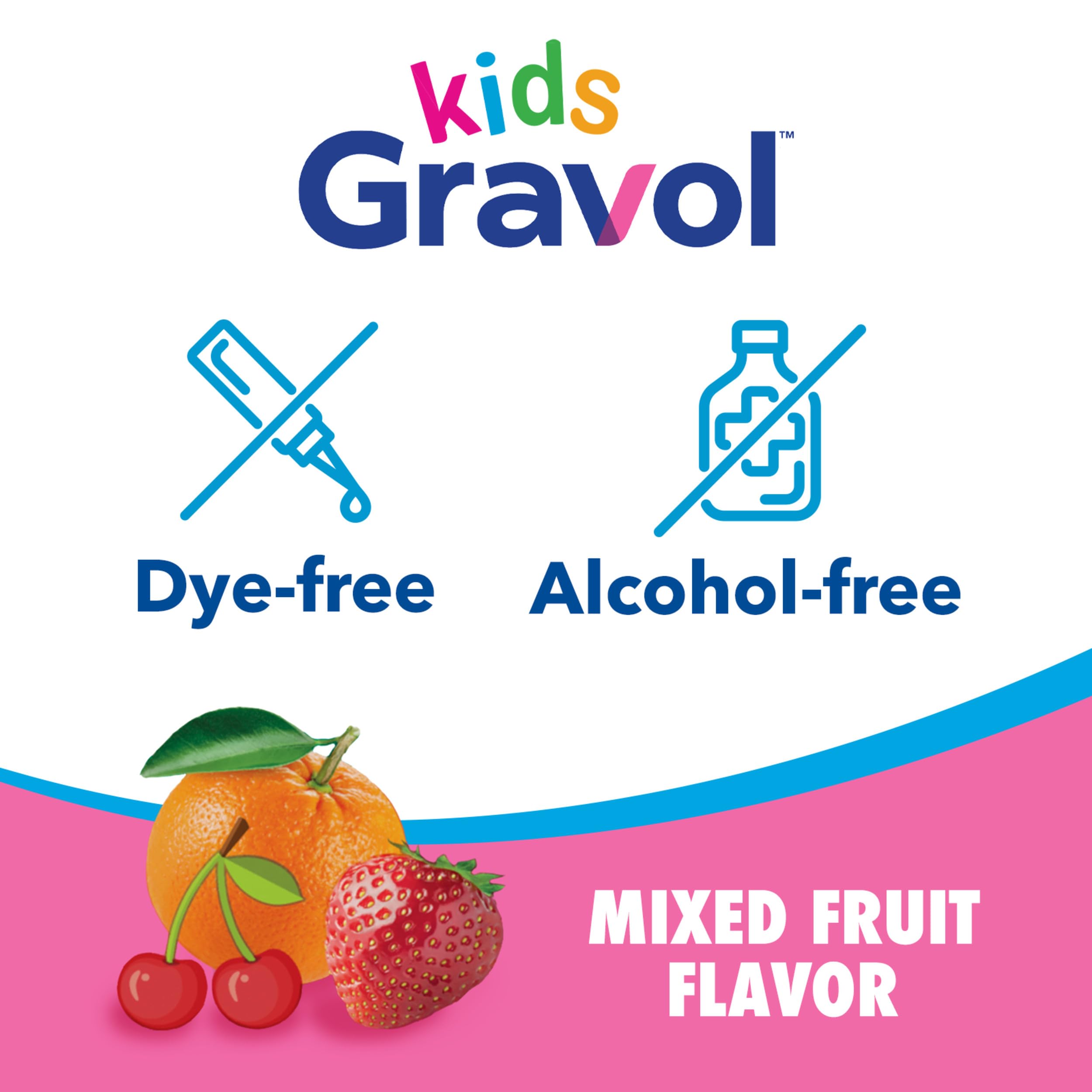 Gravol Kids Liquid sans alcool, formule adaptée aux enfants.