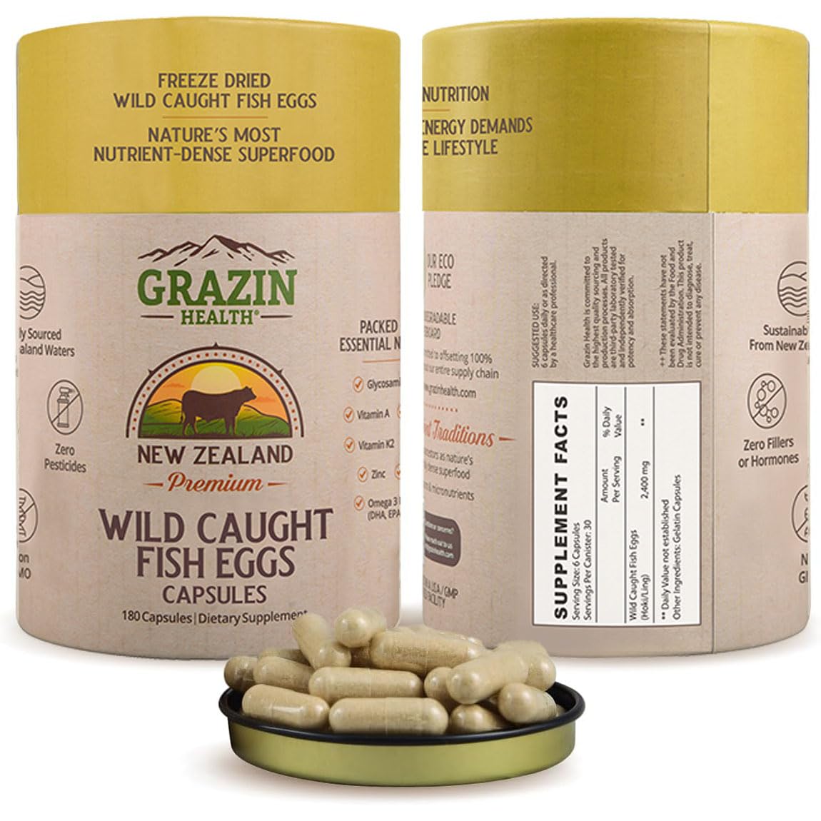GRAZIN HEALTH: capsules œufs de poisson, 3000mg, riche en oméga-3 pour une nutrition quotidienne.