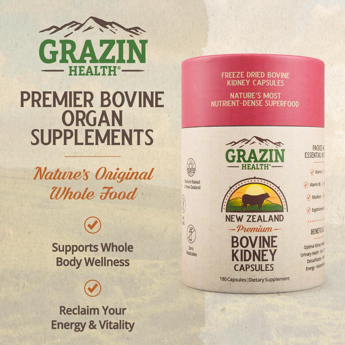 GRAZIN HEALTH capsules rein boeuf, dosage pratique pour le quotidien.