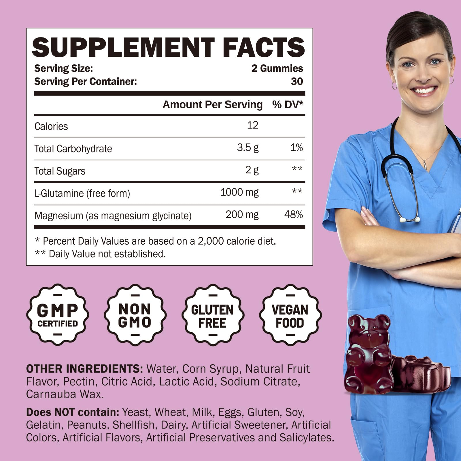 Étiquette GREABBY L‑Glutamine indiquant dosage et ingrédients