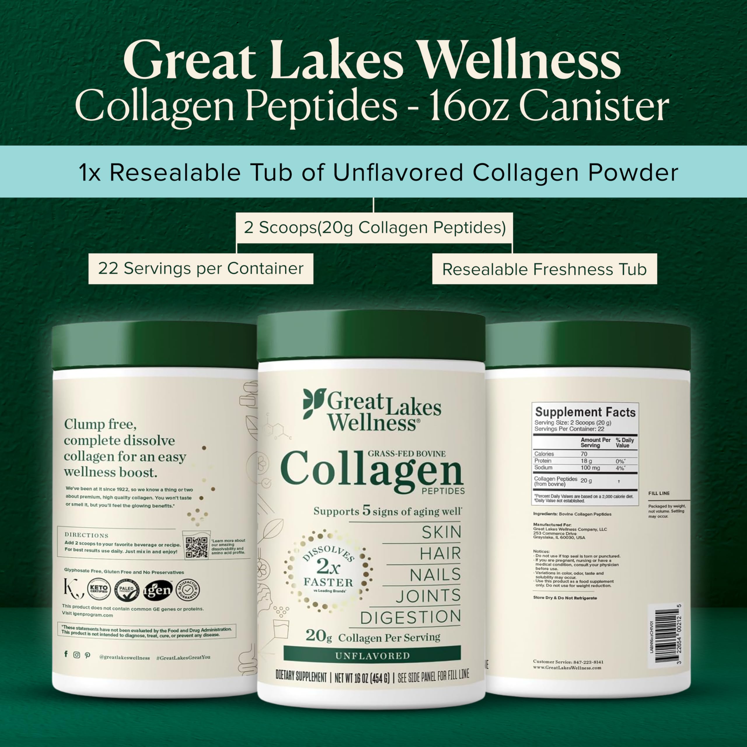 Great Lakes Wellness Collagen Peptides — boîte et étiquette visibles pour une utilisation domestique pratique.