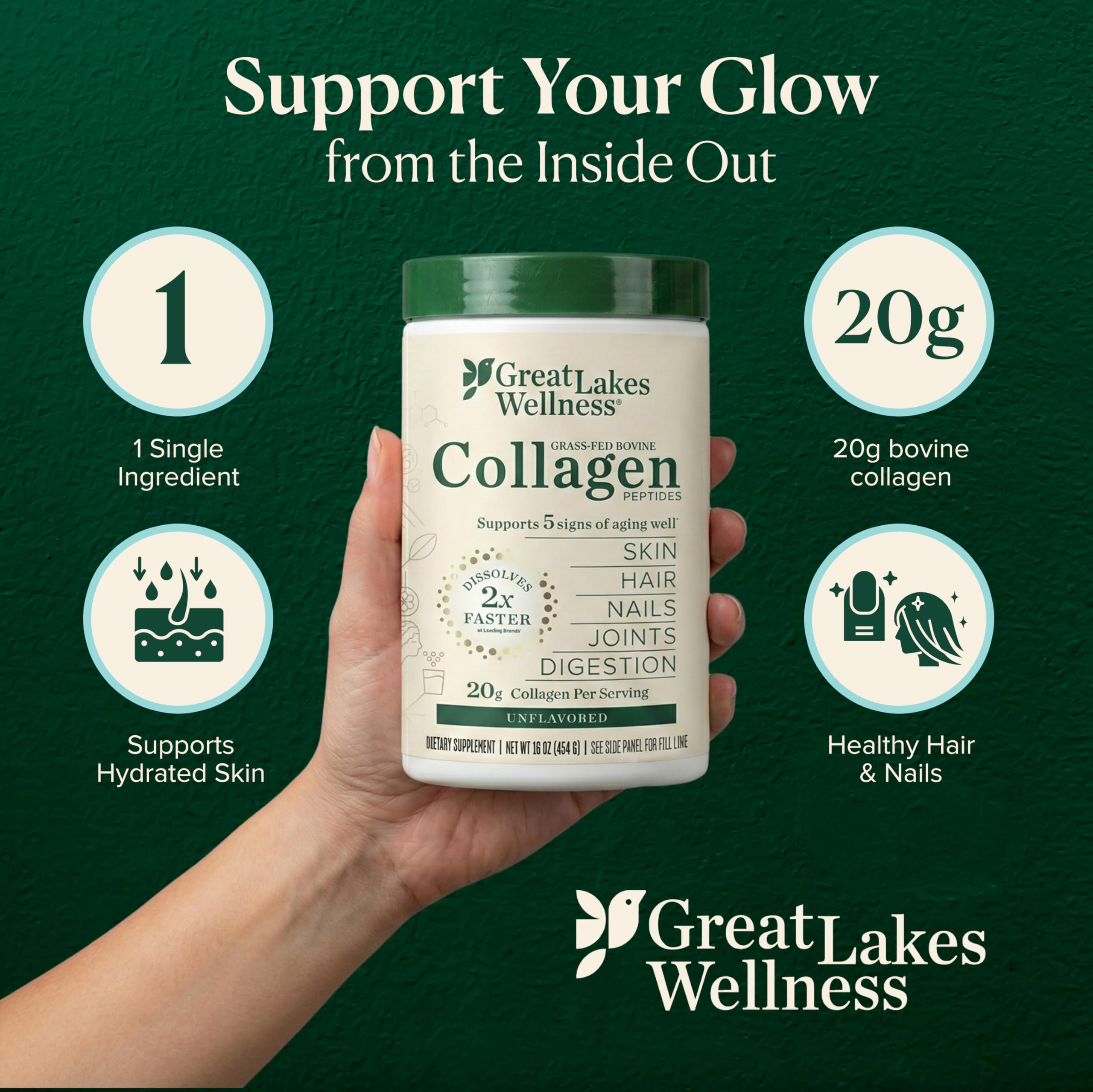 Great Lakes Wellness Collagen Peptides — cuillère-doseuse pour mesurer facilement.