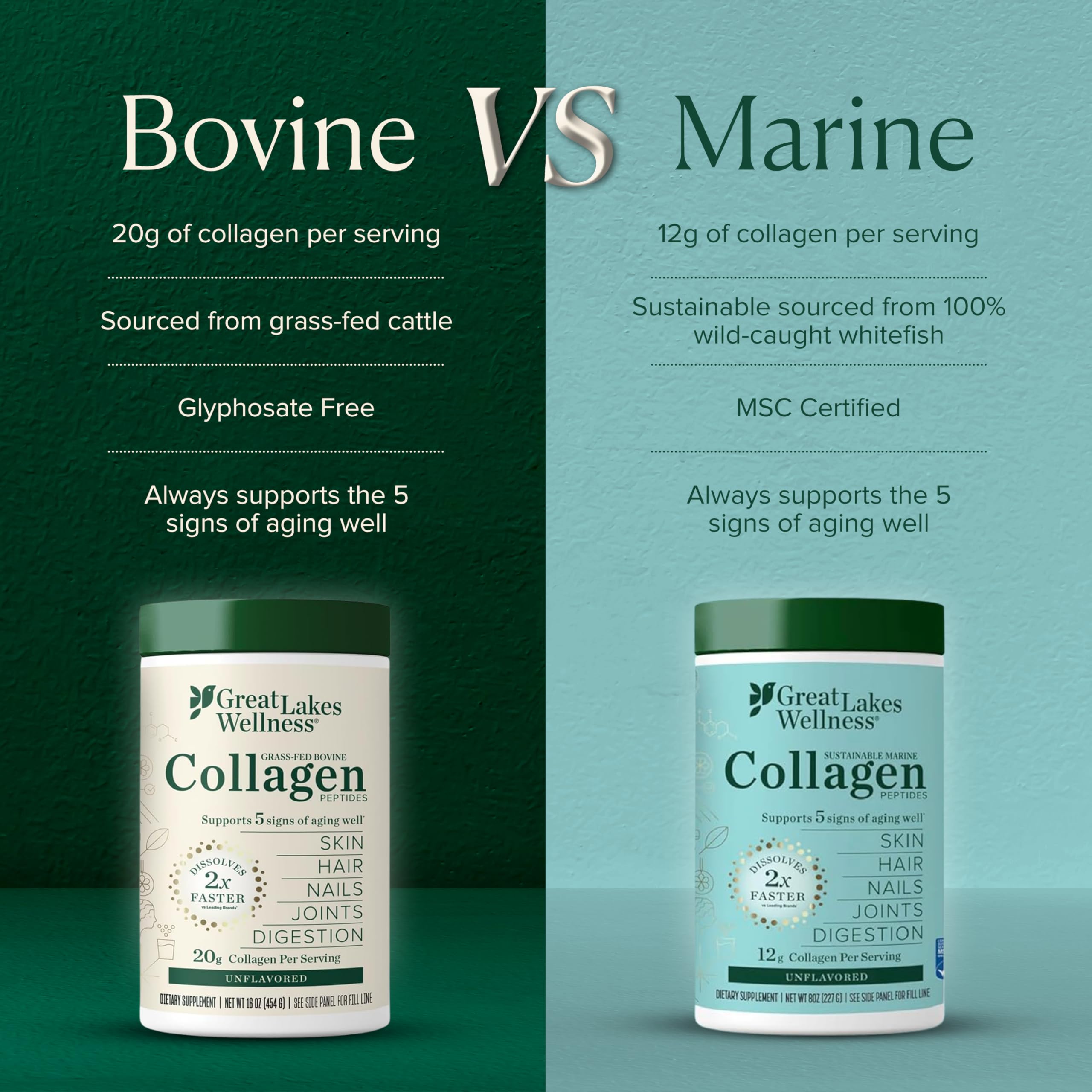 Great Lakes Wellness Collagen Peptides — dosage de 20 g par portion.